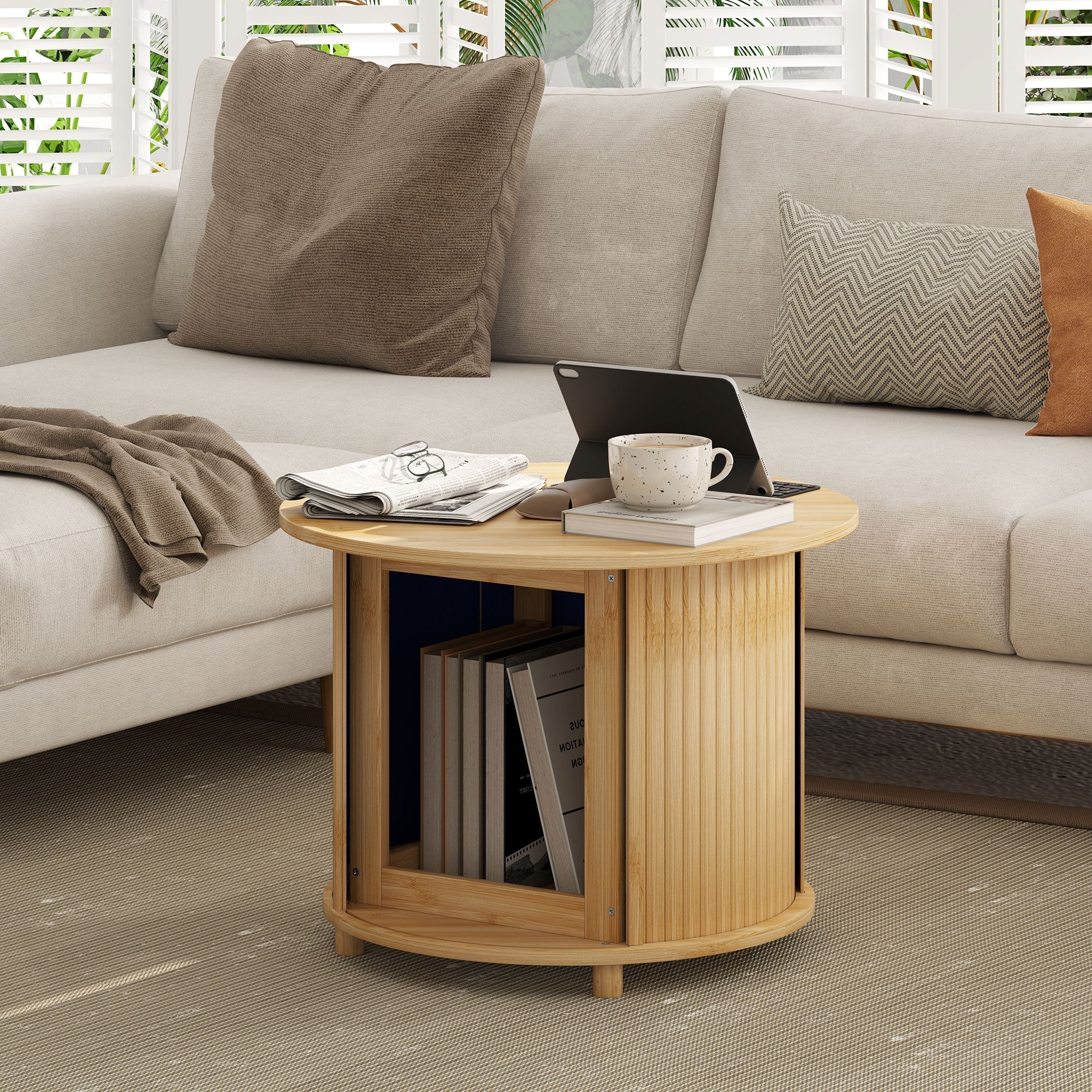 Bamboo Coffee Table, Hidden Storage Round Side Table, Natural - Image 8