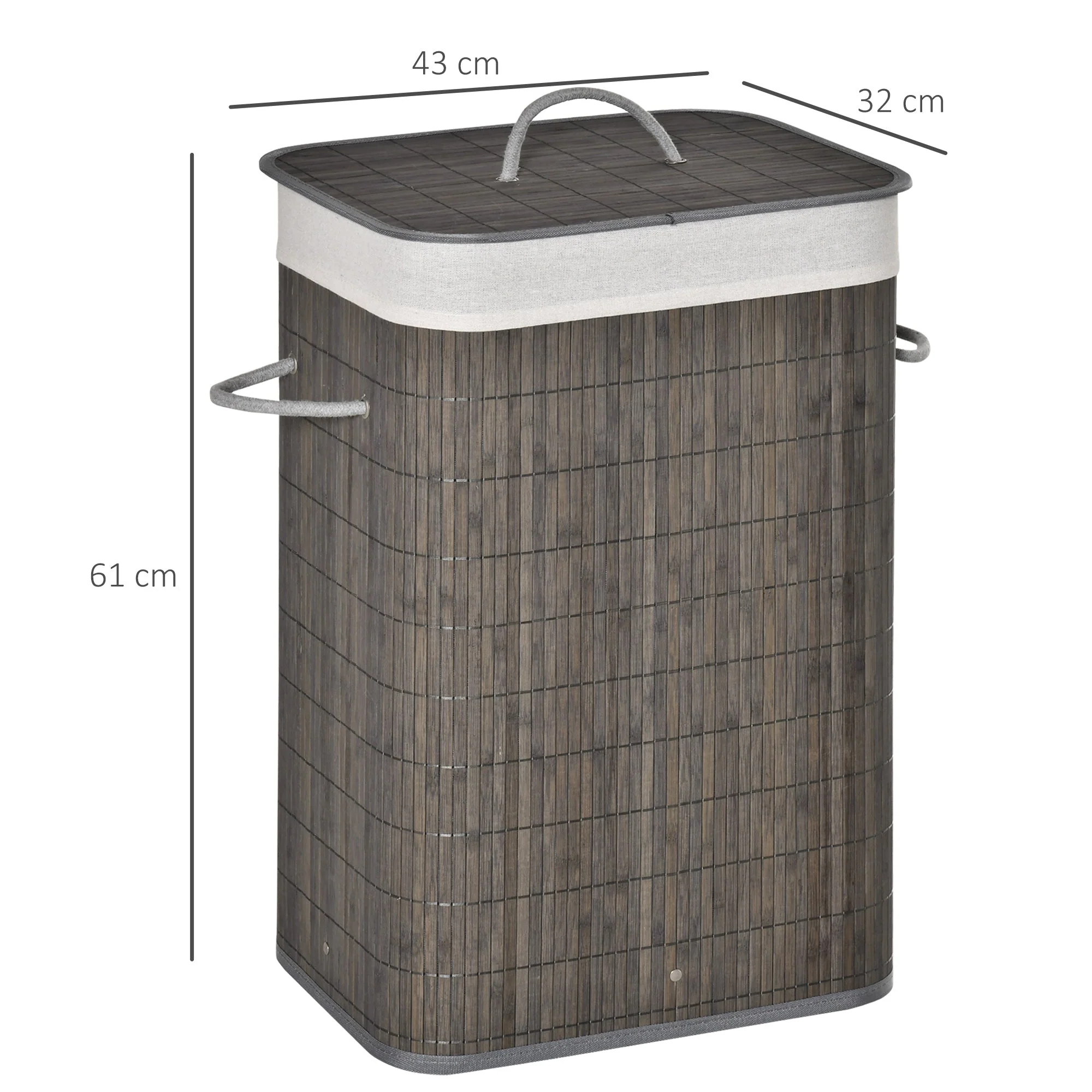 Bamboo Laundry Basket 83L with Lid, Handles, Removable Bag, Gray - Image 3