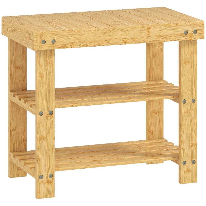 Bamboo Shoe Bench 2 Shelves Seat 50x28x45cm - Natural - Image 2