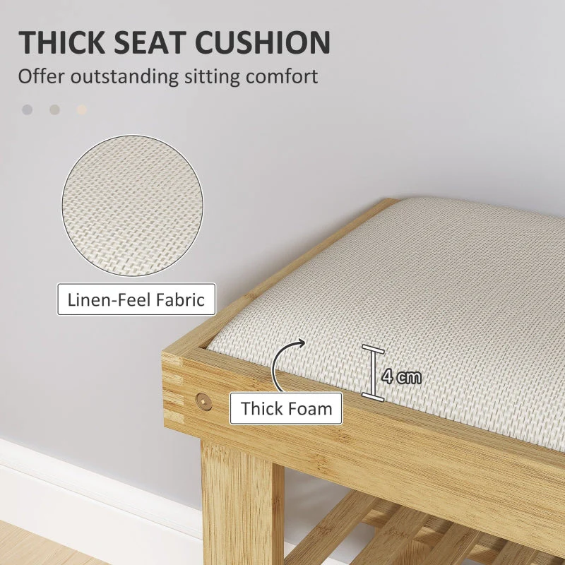 Bamboo Shoe Storage Bench, 3-Tier with Seat Cushion, Cream White - Image 4