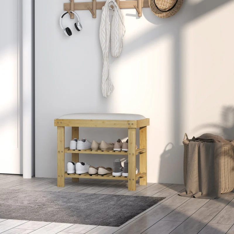 Bamboo Shoe Storage Bench, 3-Tier with Seat Cushion, Cream White - Image 7