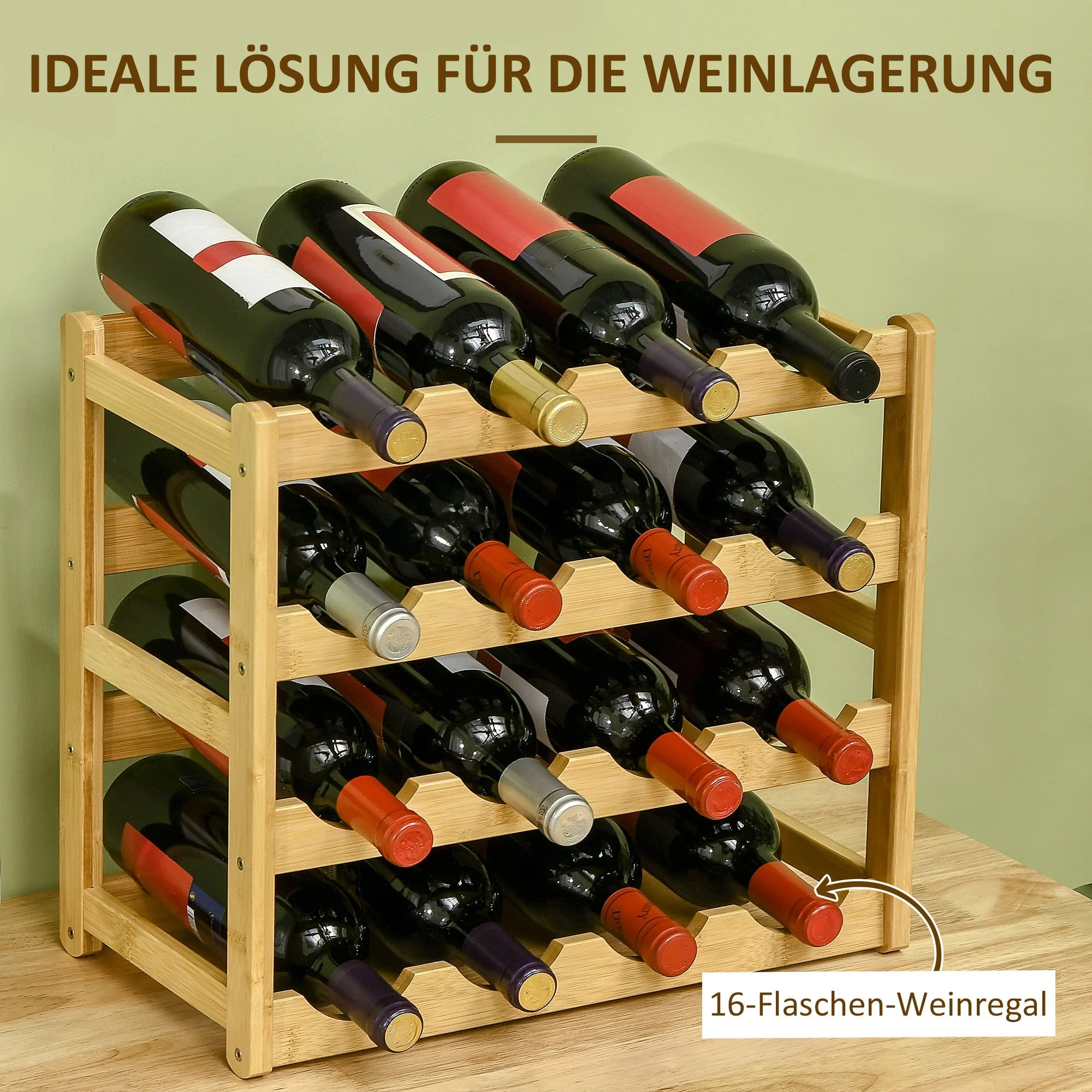 Bamboo Wine Rack, 16 Bottles, Natural Wood - Image 5