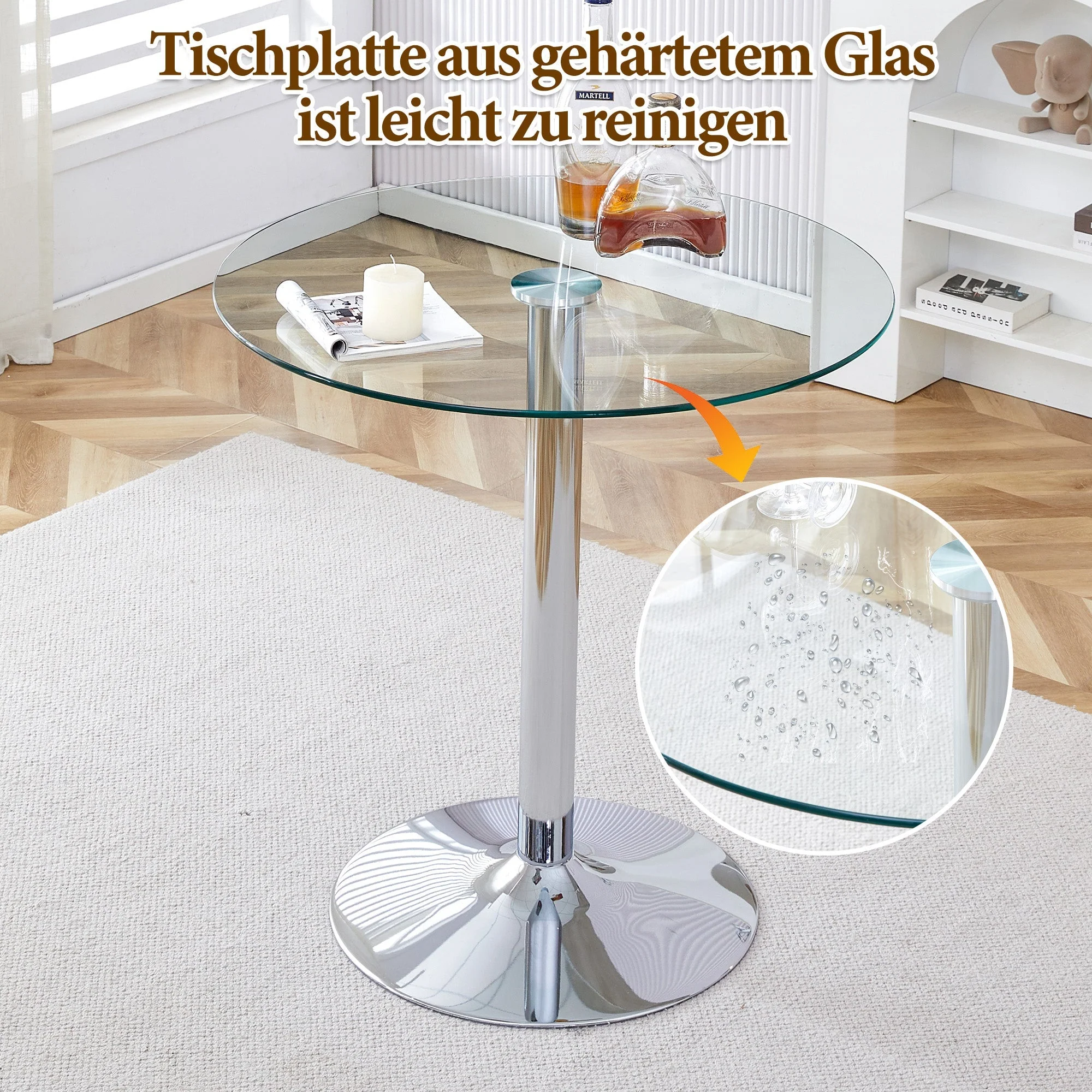 Bar Set 89cm Glass Table 2 Stools Adjustable Swivel - White Legs - Image 10