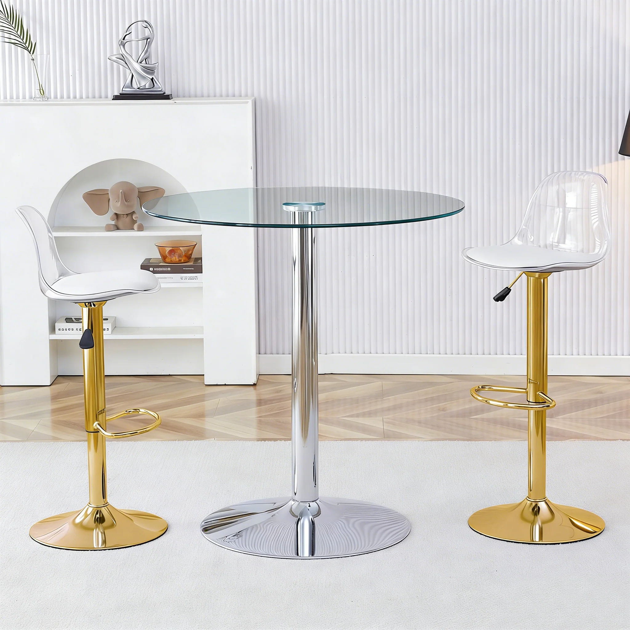 Bar Set Glass Table & 2 Stools Adjustable Swivel - Gold Legs - Image 2