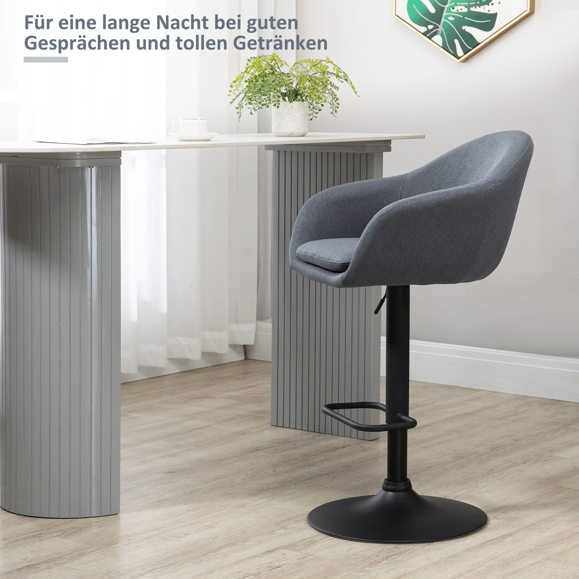 Bar Stool, Height-Adjustable with Backrest and Footrest, Grey Linen Look - Image 4
