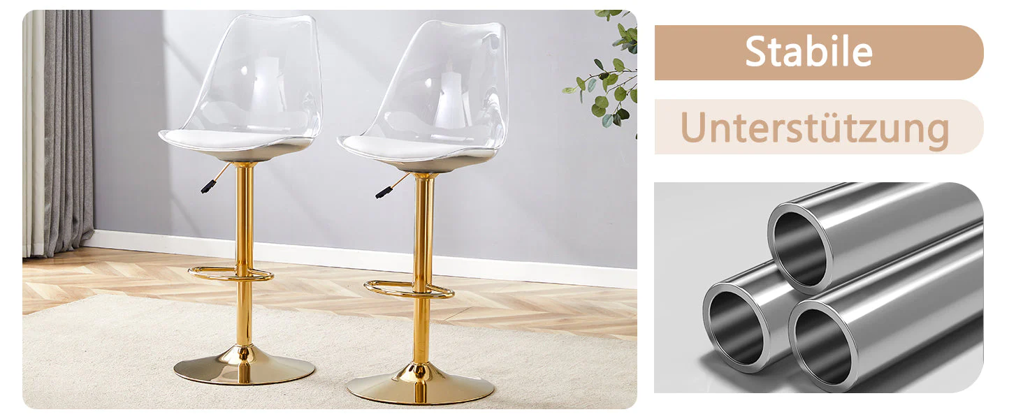Bar Stool Set 2-Piece Adjustable Swivel Transparent Backs PU Leather Gold Metal - Image 10