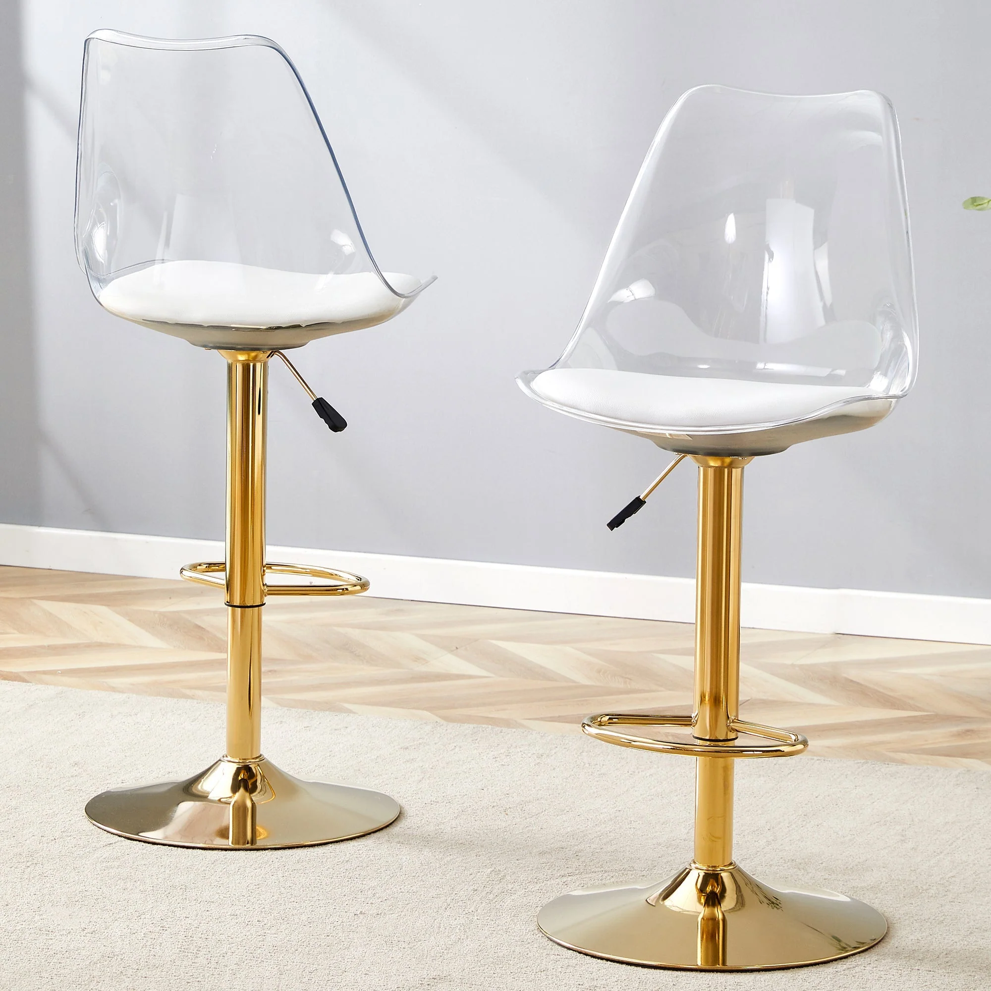 Bar Stool Set 2-Piece Adjustable Swivel Transparent Backs PU Leather Gold Metal - Image 2