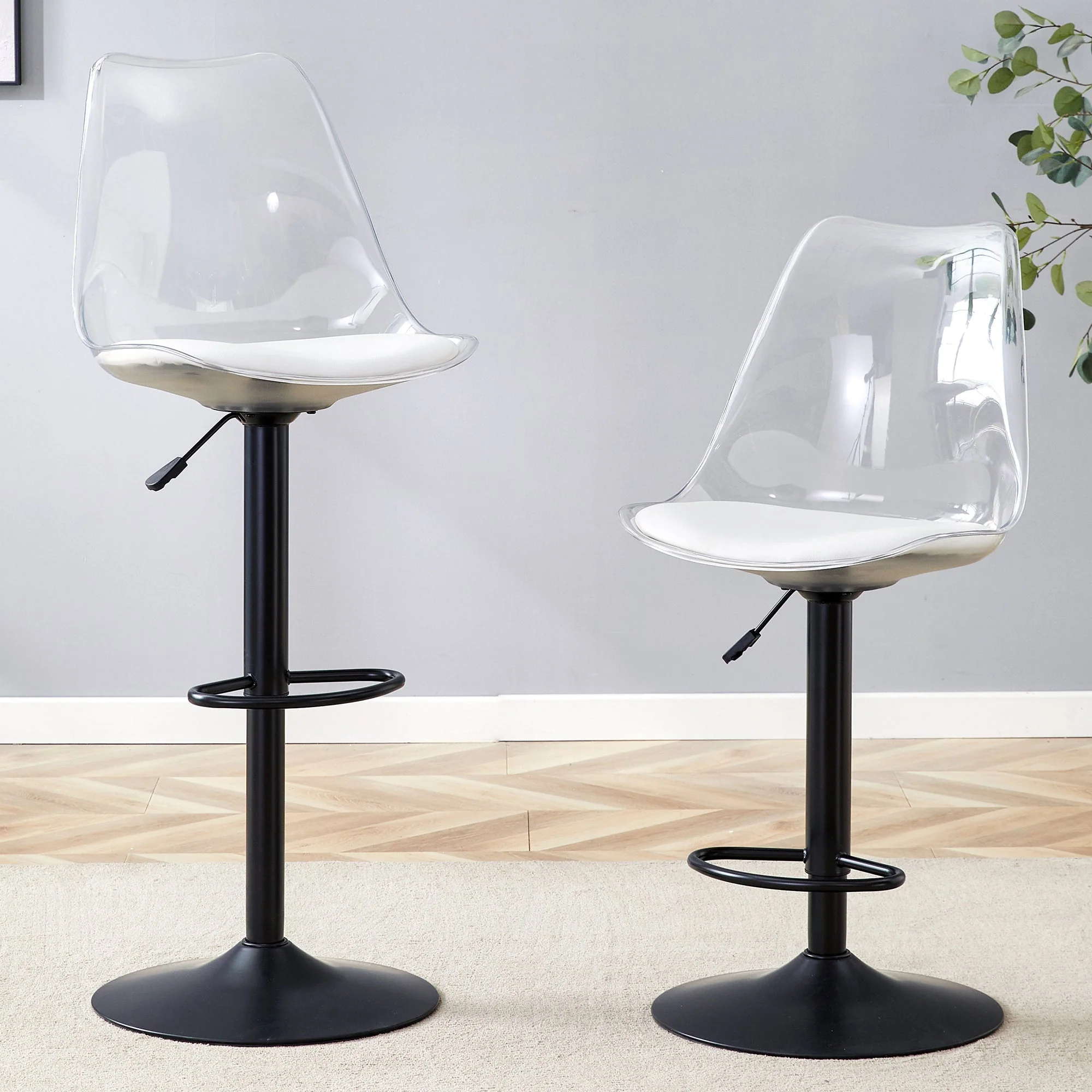 Bar Stool Set of 2 Adjustable Swivel PU Leather Transparent Back - Black Metal/PU - Image 2
