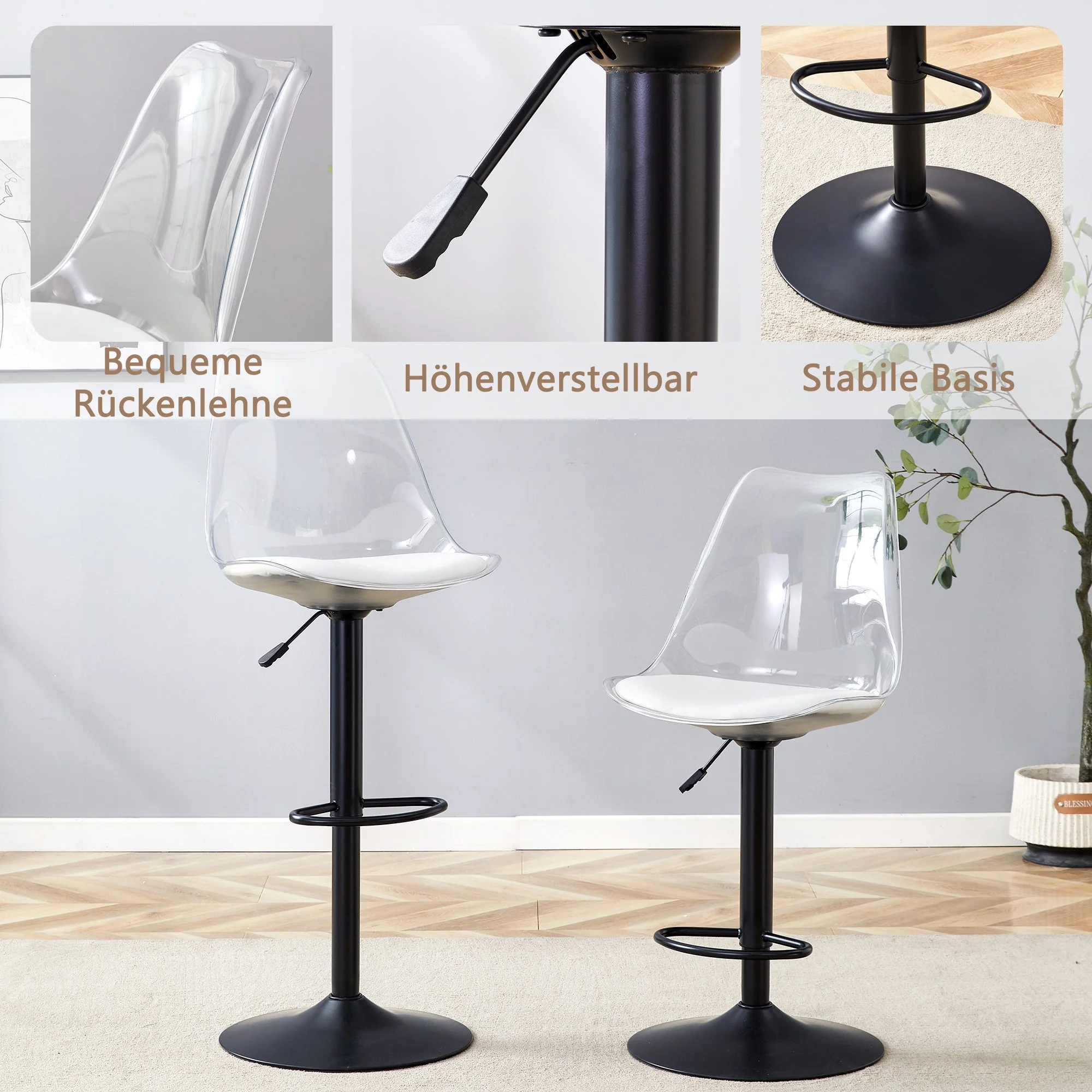 Bar Stool Set of 2 Adjustable Swivel PU Leather Transparent Back - Black Metal/PU - Image 7