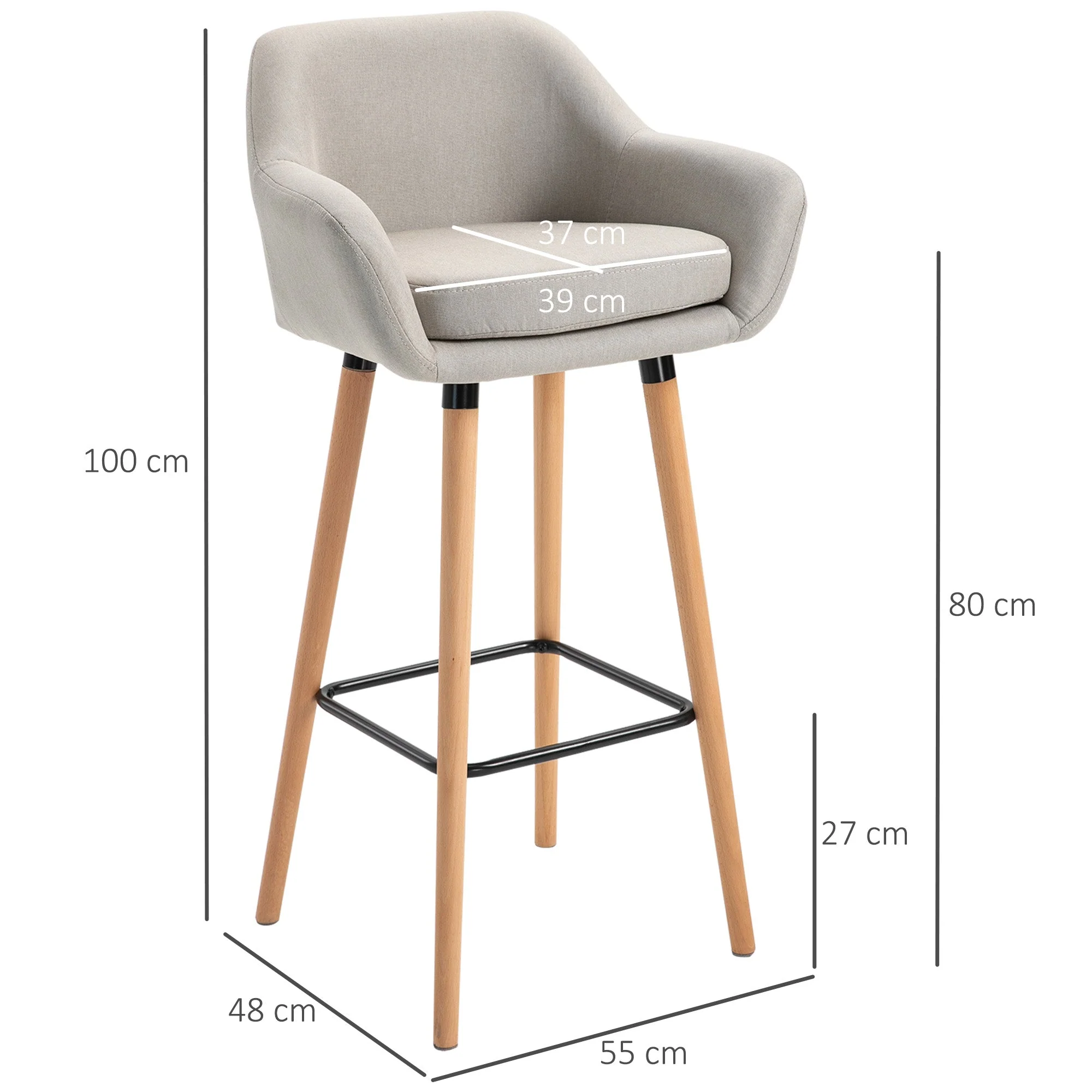 Bar Stool Set of 2, Comfortable Kitchen Stools with Footrests, Linen Beige/Beechwood - Image 3