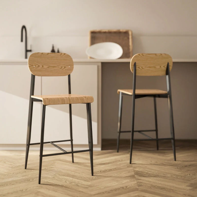 Bar Stool Set of 2, Footrest, 66cm Height, Industrial Design, Natural Wood + Black