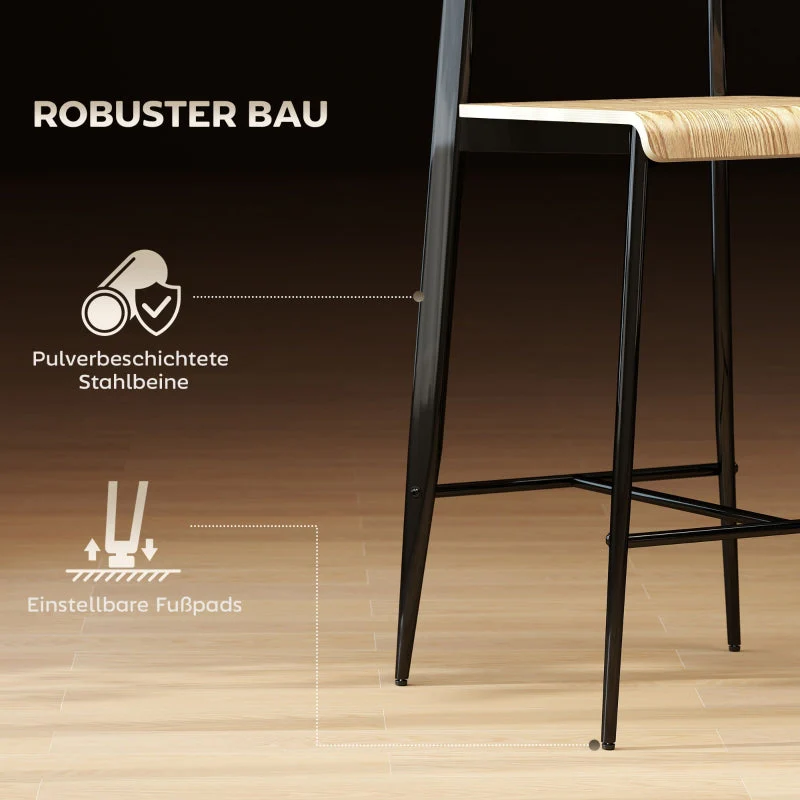 Bar Stool Set of 2, Footrest, 66cm Height, Industrial Design, Natural Wood + Black - Image 5