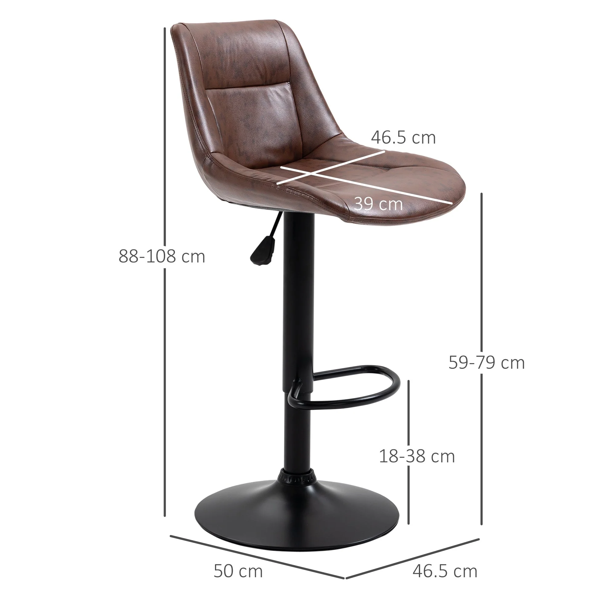 Bar Stool Set of 2, Height-Adjustable Swivel Counter Stool, Faux Leather Brown - Image 3