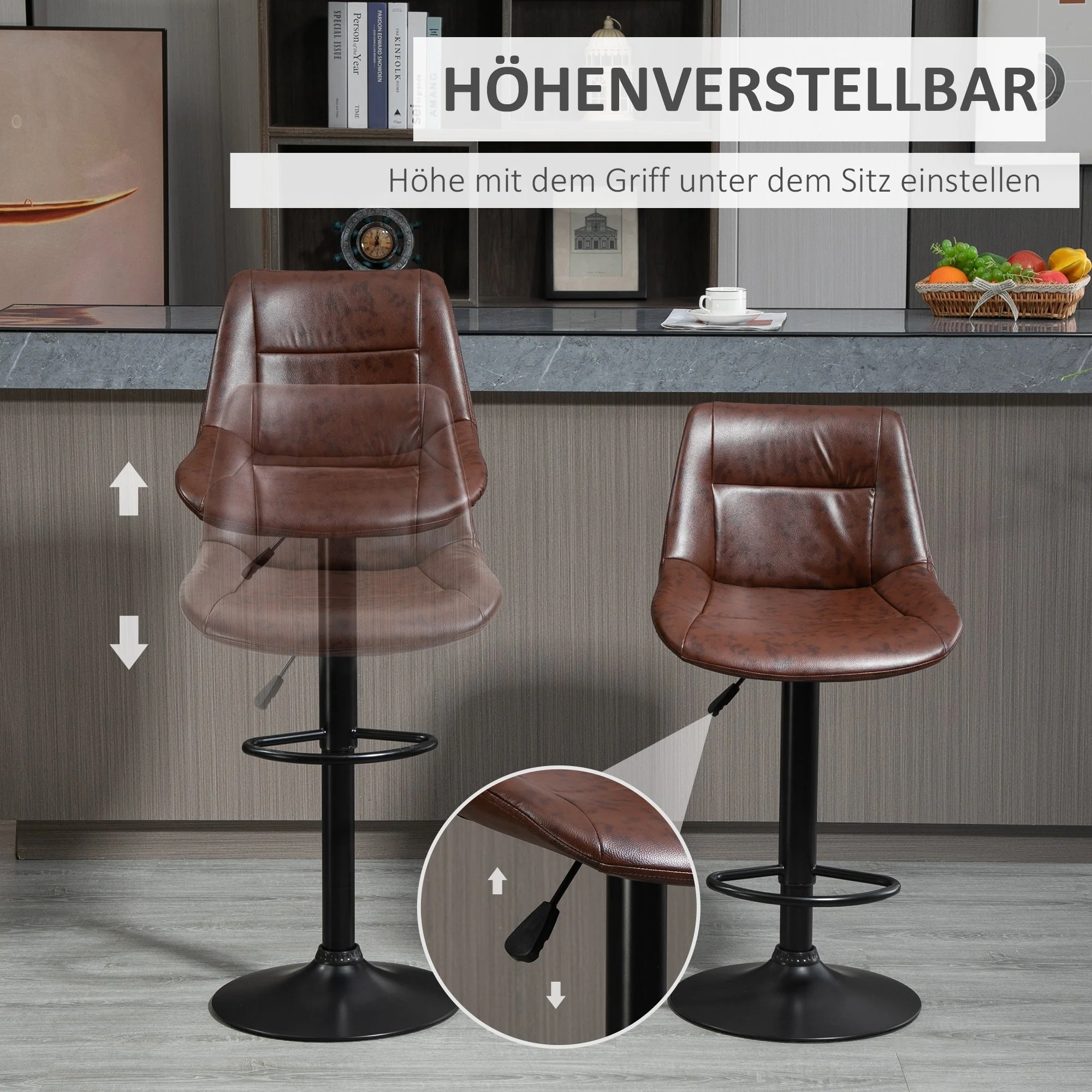 Bar Stool Set of 2, Height-Adjustable Swivel Counter Stool, Faux Leather Brown - Image 4