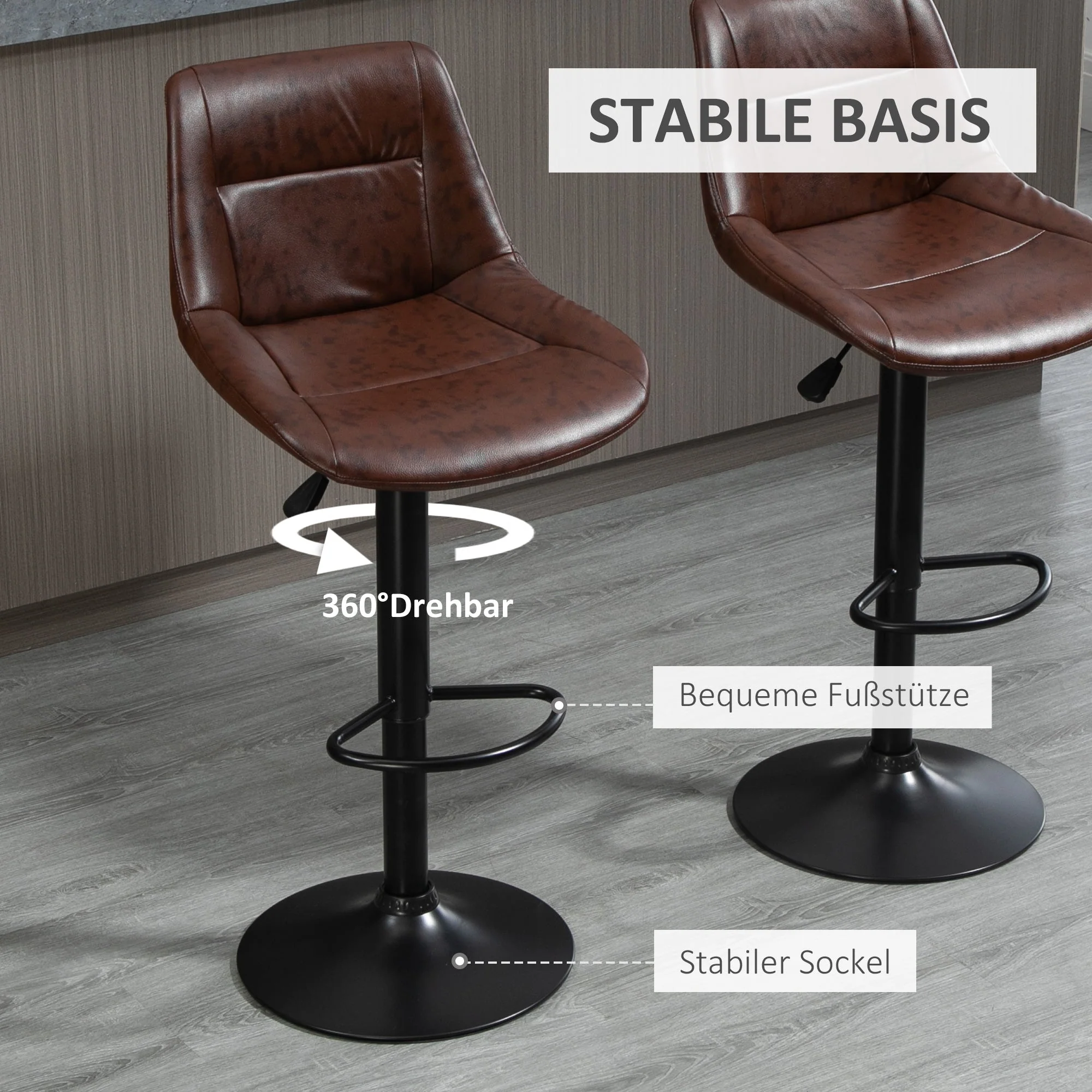 Bar Stool Set of 2, Height-Adjustable Swivel Counter Stool, Faux Leather Brown - Image 5