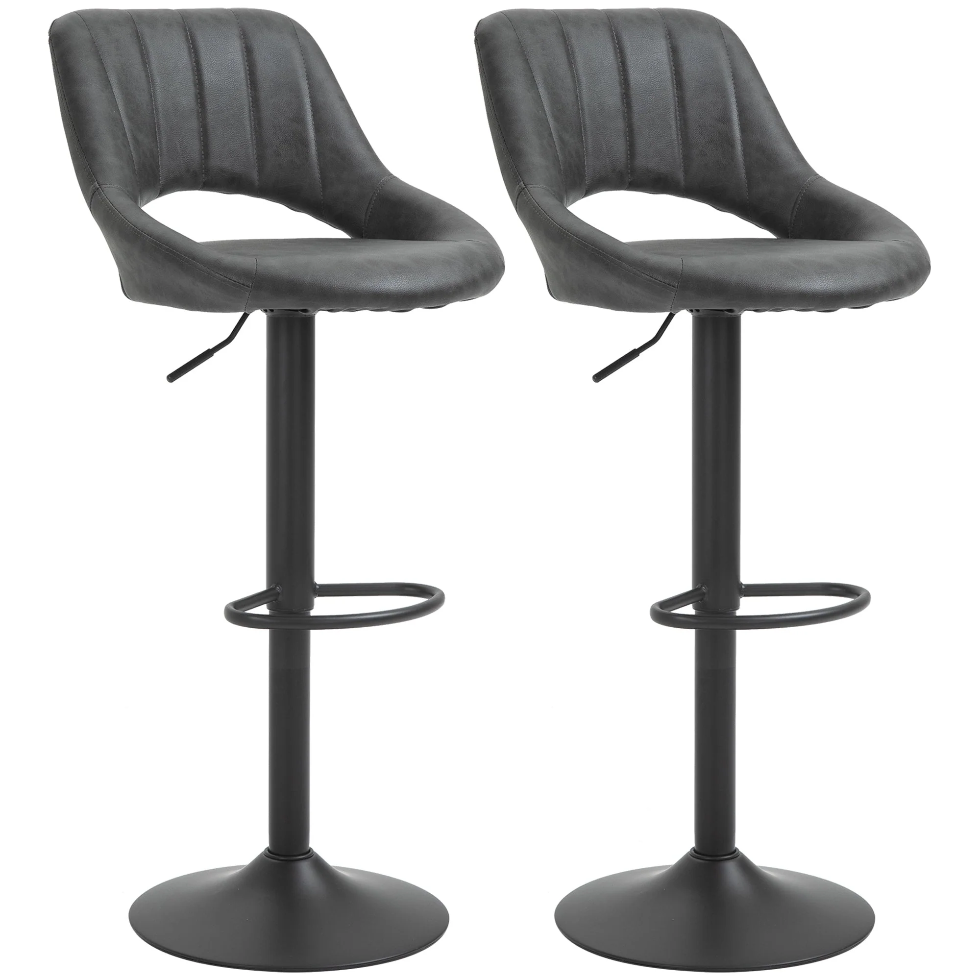 Bar Stool Set of 2, Swivel Height-Adjustable with Footrest, Leather-Look Gray - Image 2
