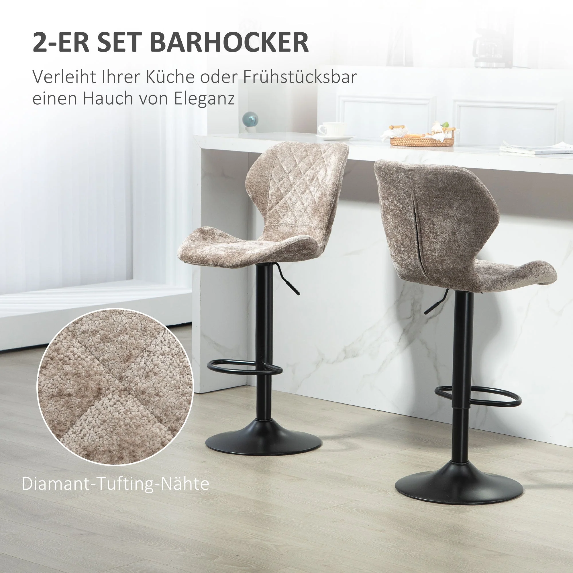 Bar Stool Set of 2, Upholstered with Backrest, Height-Adjustable, 360° Rotatable, Brown - Image 4