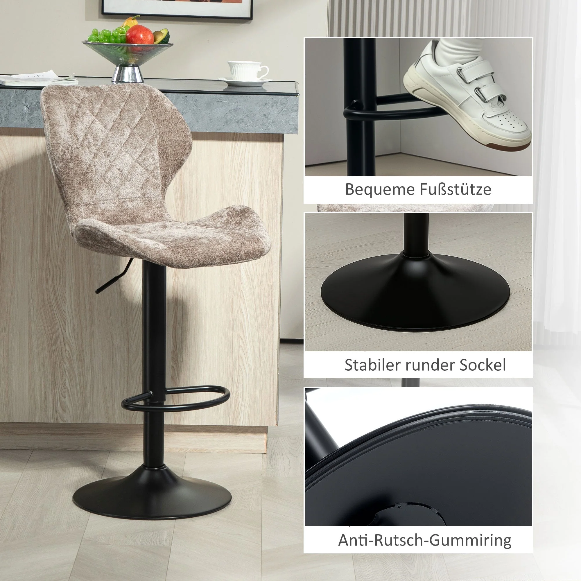 Bar Stool Set of 2, Upholstered with Backrest, Height-Adjustable, 360° Rotatable, Brown - Image 7