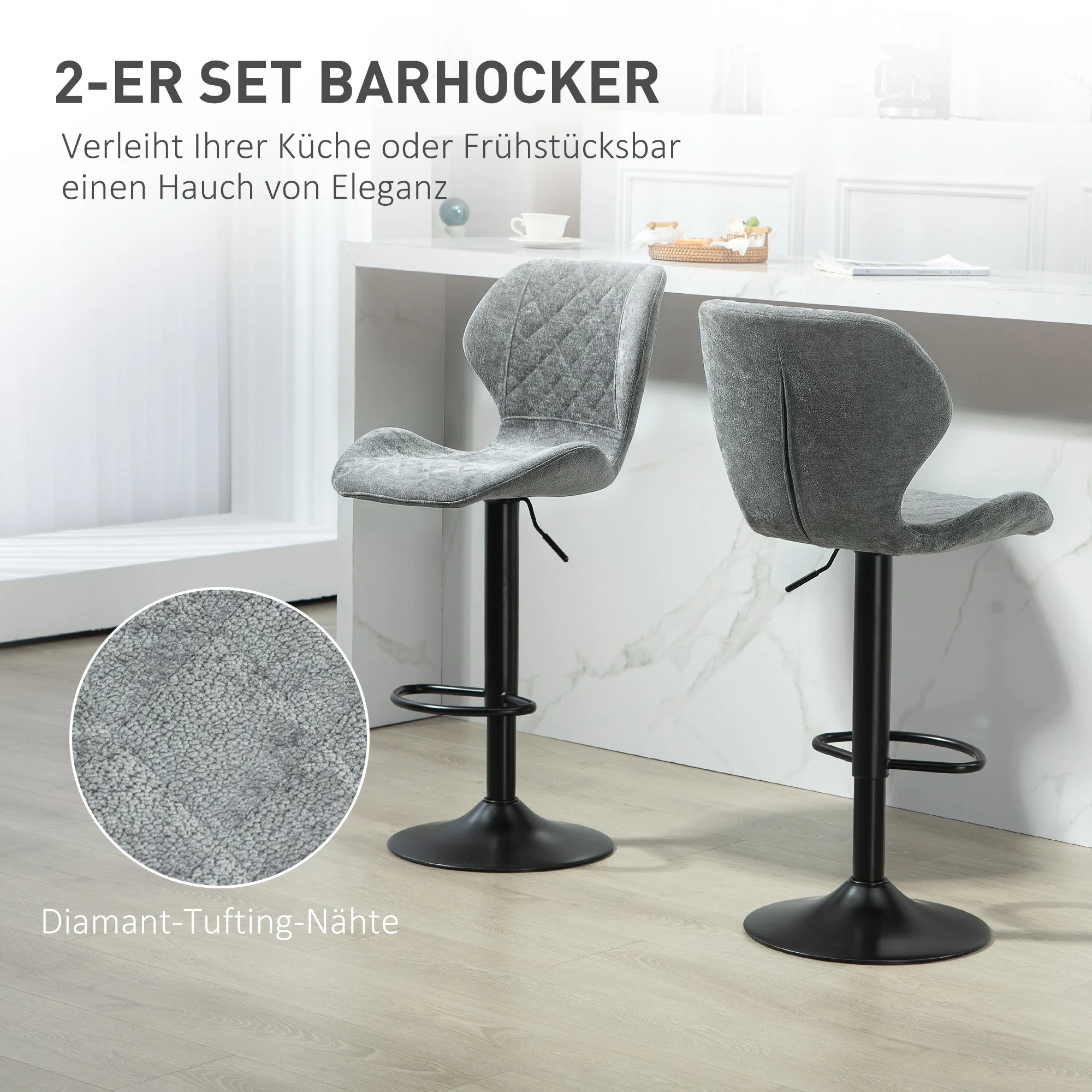 Bar stool set of 2, upholstered with backrest, height-adjustable, 360° rotatable, dark gray chenille look - Image 4