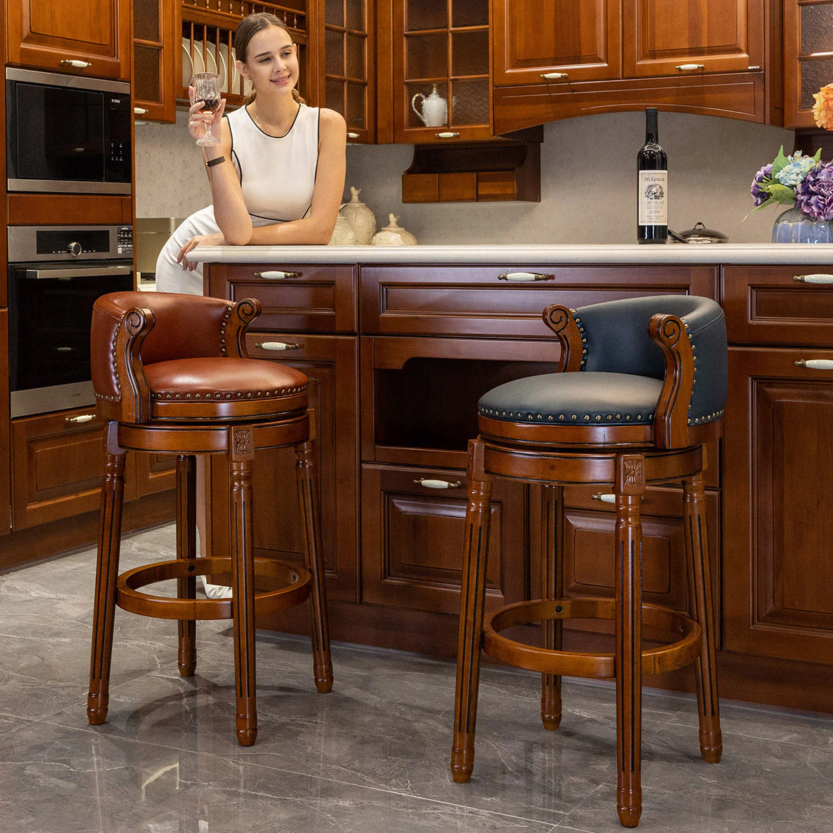 Bar Stools 360° Swivel with Backs Counter/Bar Height - Cow Top Leather & Wood - Image 3