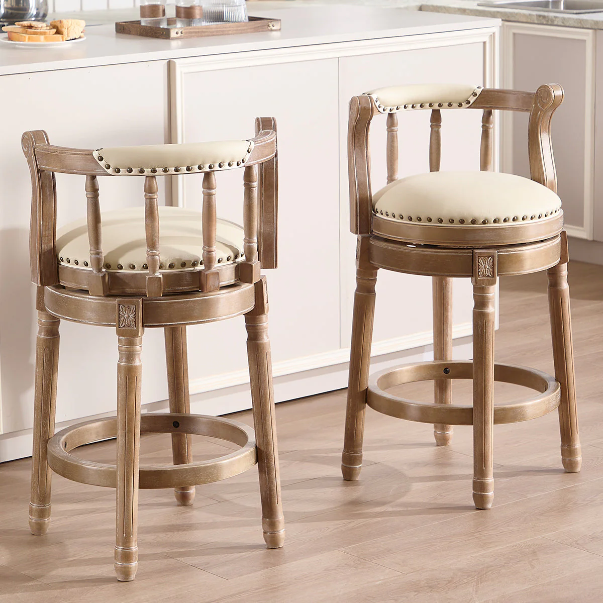 Bar Stools 360° Swivel with Backs - Cow Top Leather and Wood - Image 10