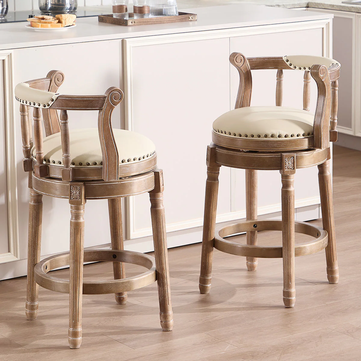 Bar Stools 360° Swivel with Backs - Cow Top Leather and Wood - Image 8
