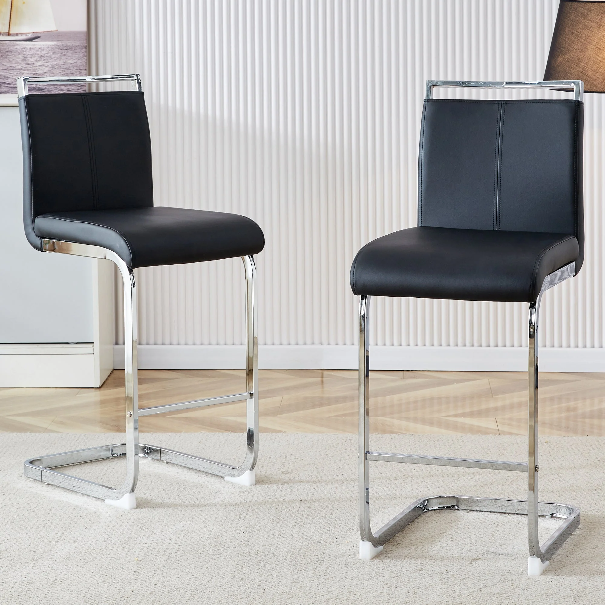 Bar Stools, Nordic Style, Set of 2, Black PU
