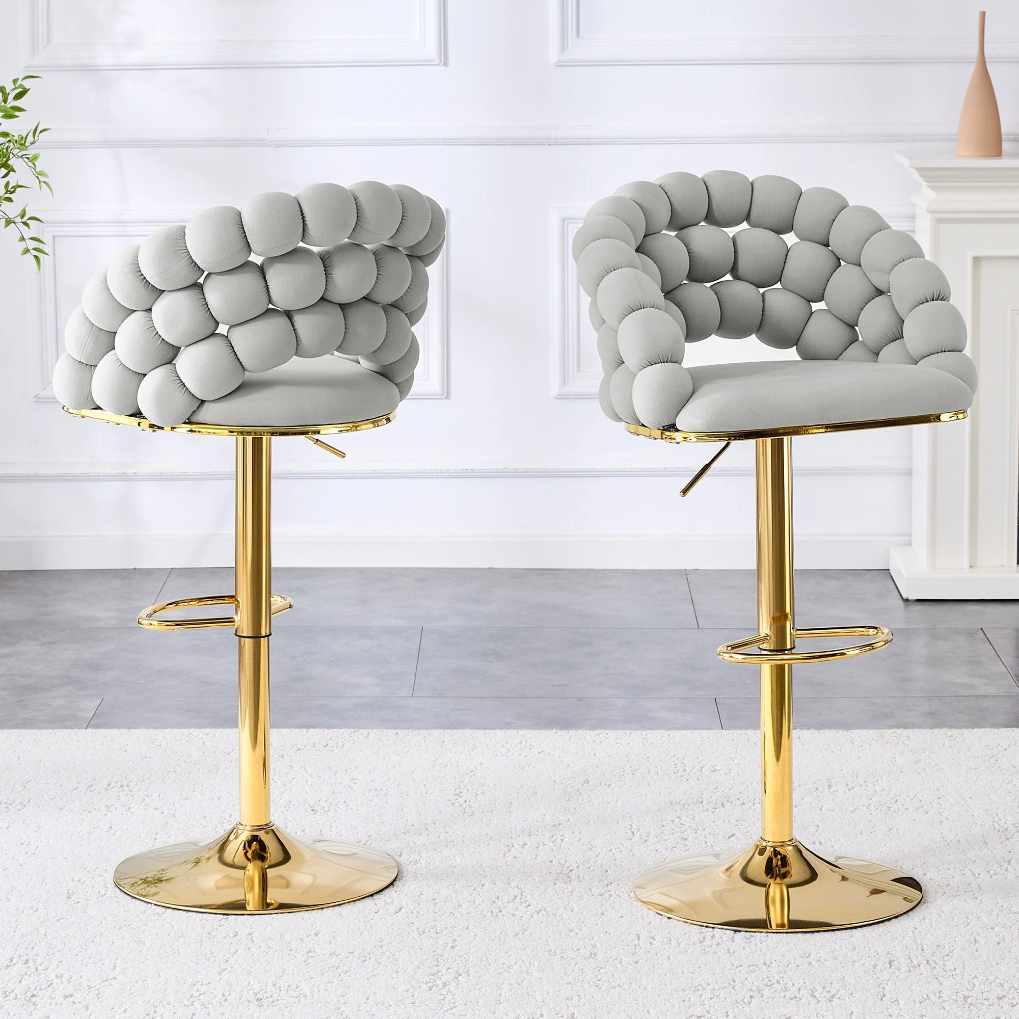 Bar Stools Set of 2 Ball Chain Backrest Adjustable Gold Frame - Light Grey Velvet