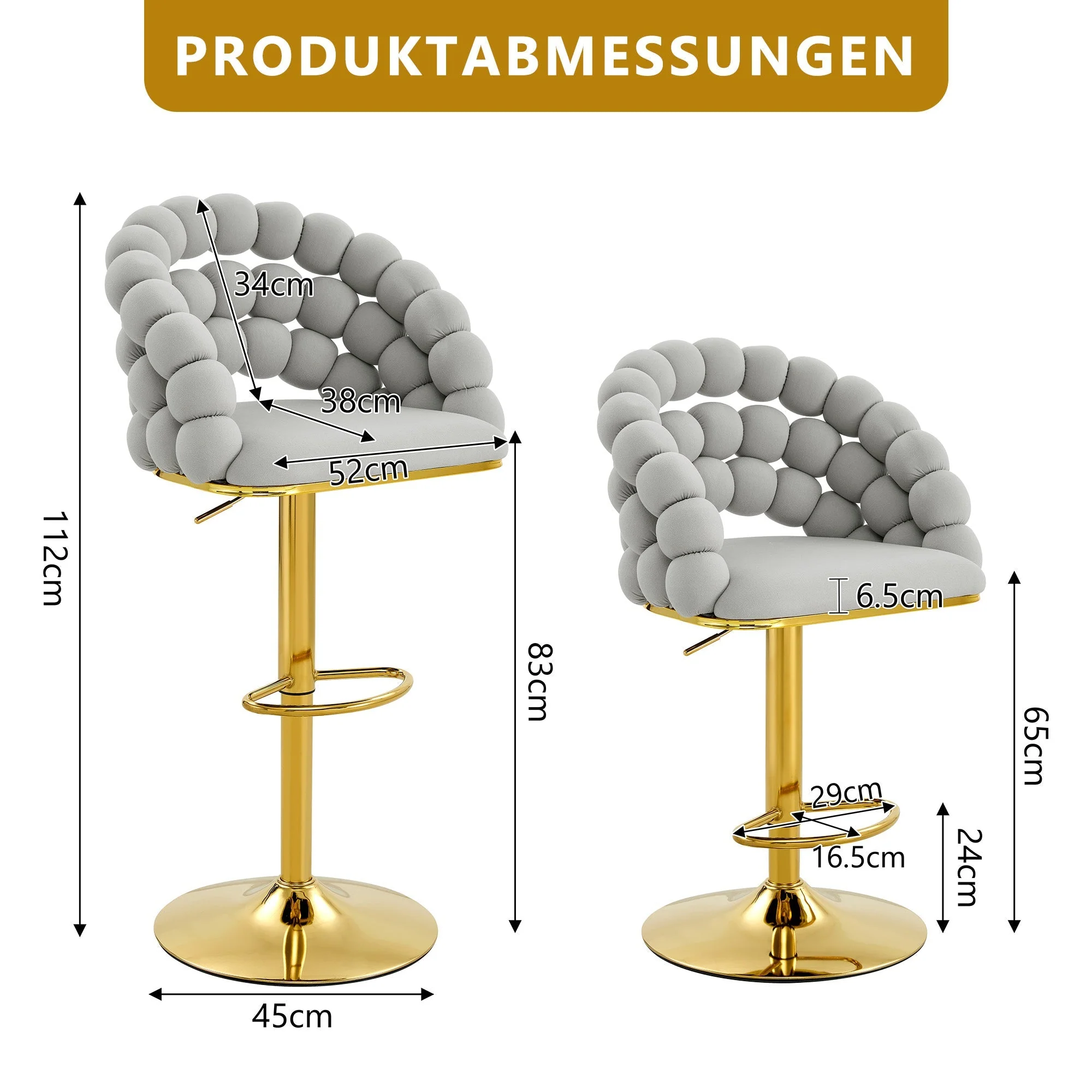 Bar Stools Set of 2 Ball Chain Backrest Adjustable Gold Frame - Light Grey Velvet - Image 4