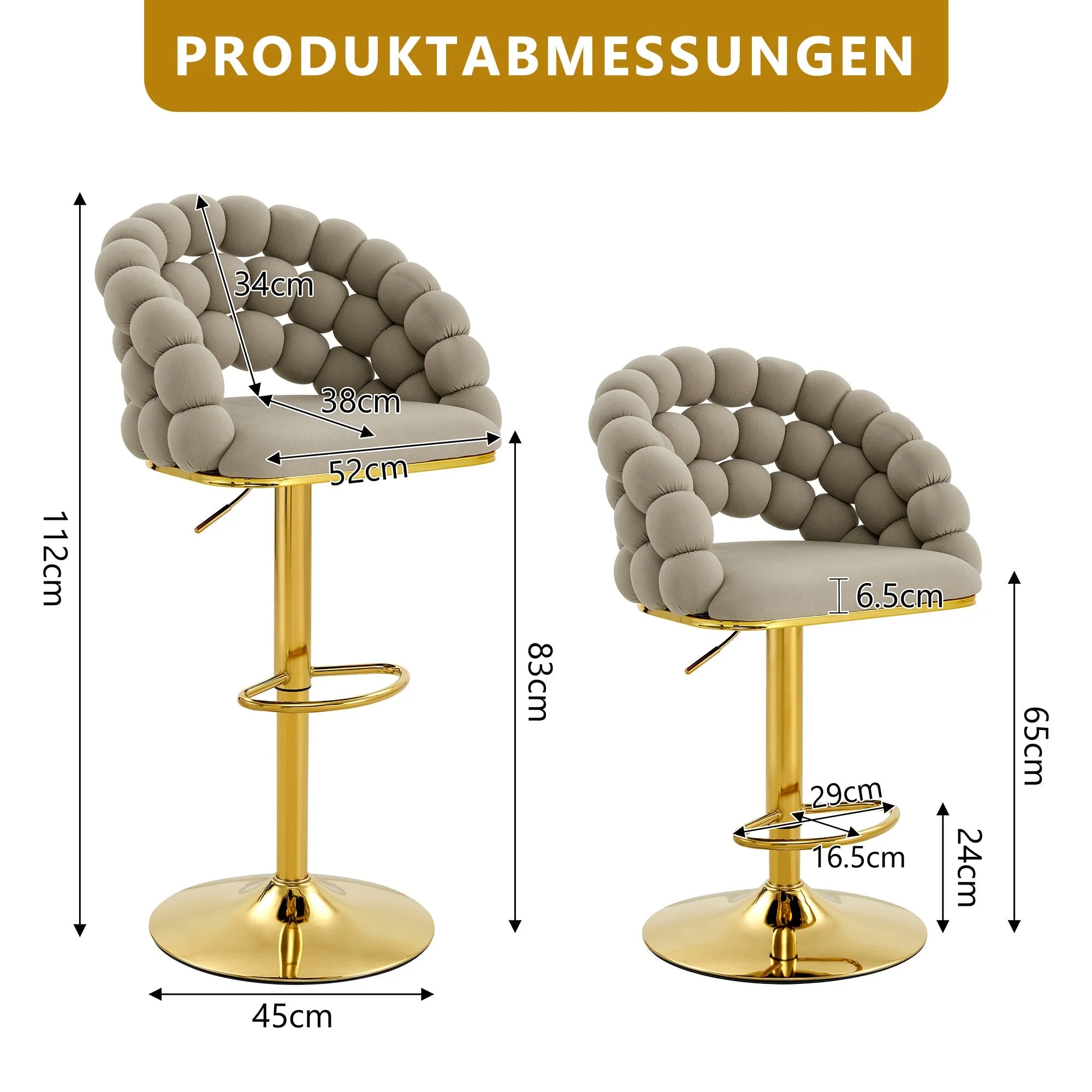 Bar Stools Set of 2 Ball Chain Backrest Adjustable Height Grey Velvet - Image 5