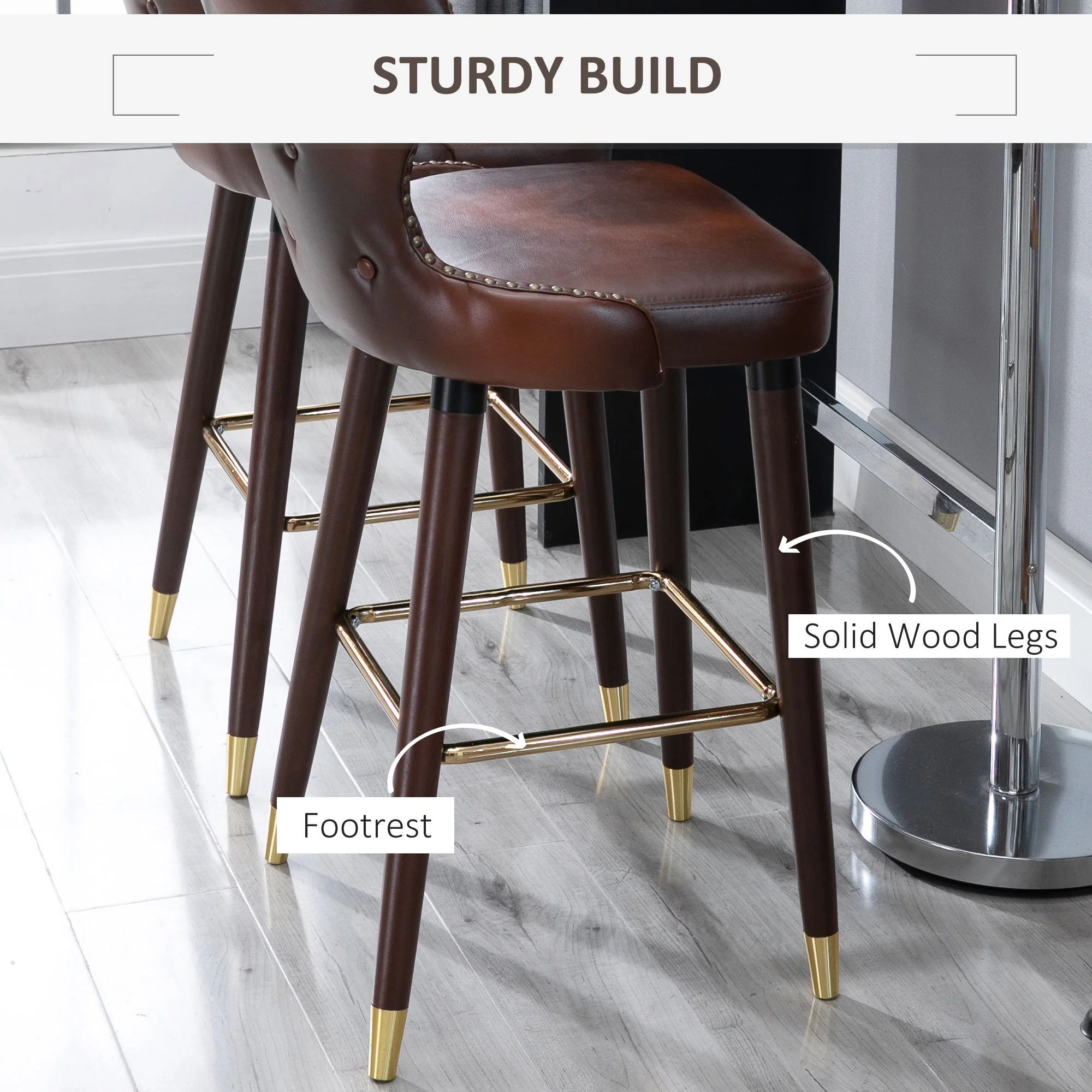 Bar Stools Set of 2, Counter-Height Kitchen Stools with Back, Brown PU Leather - Image 5