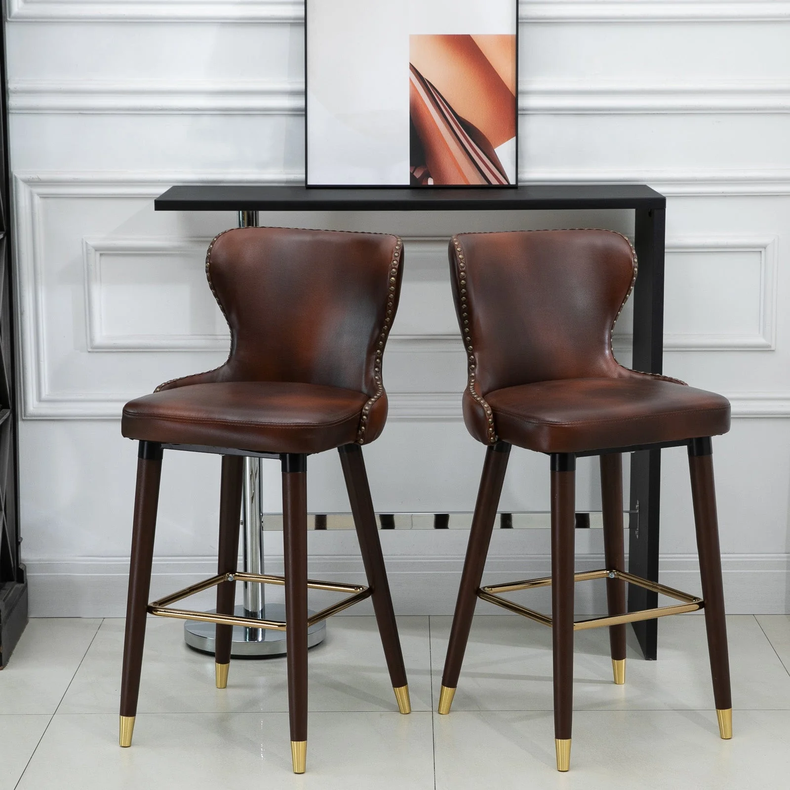 Bar Stools Set of 2, Counter-Height Kitchen Stools with Back, Brown PU Leather - Image 7