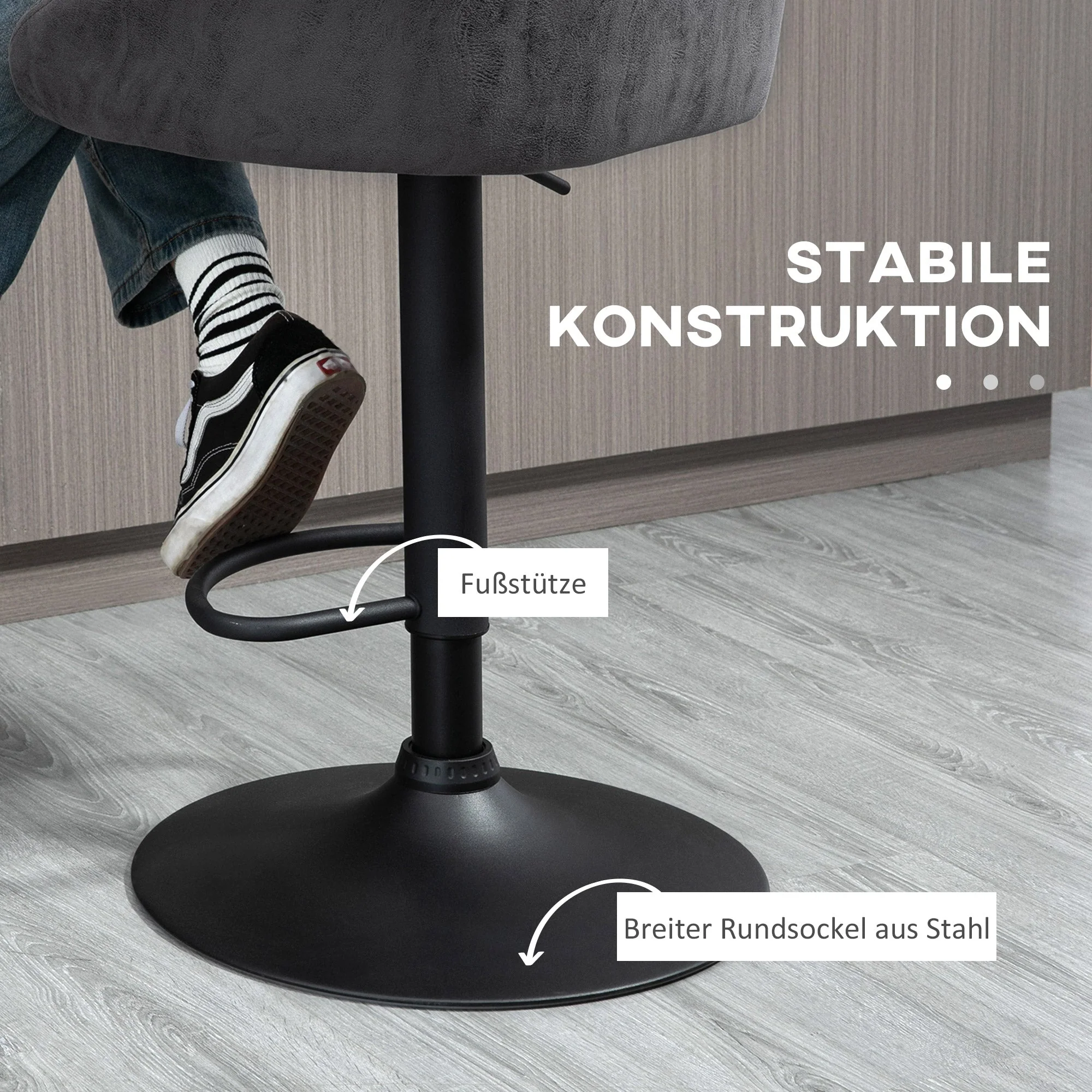 Bar Stools Set of 2, Height-Adjustable with Armrests & Backrest, Faux Leather Grey - Image 6
