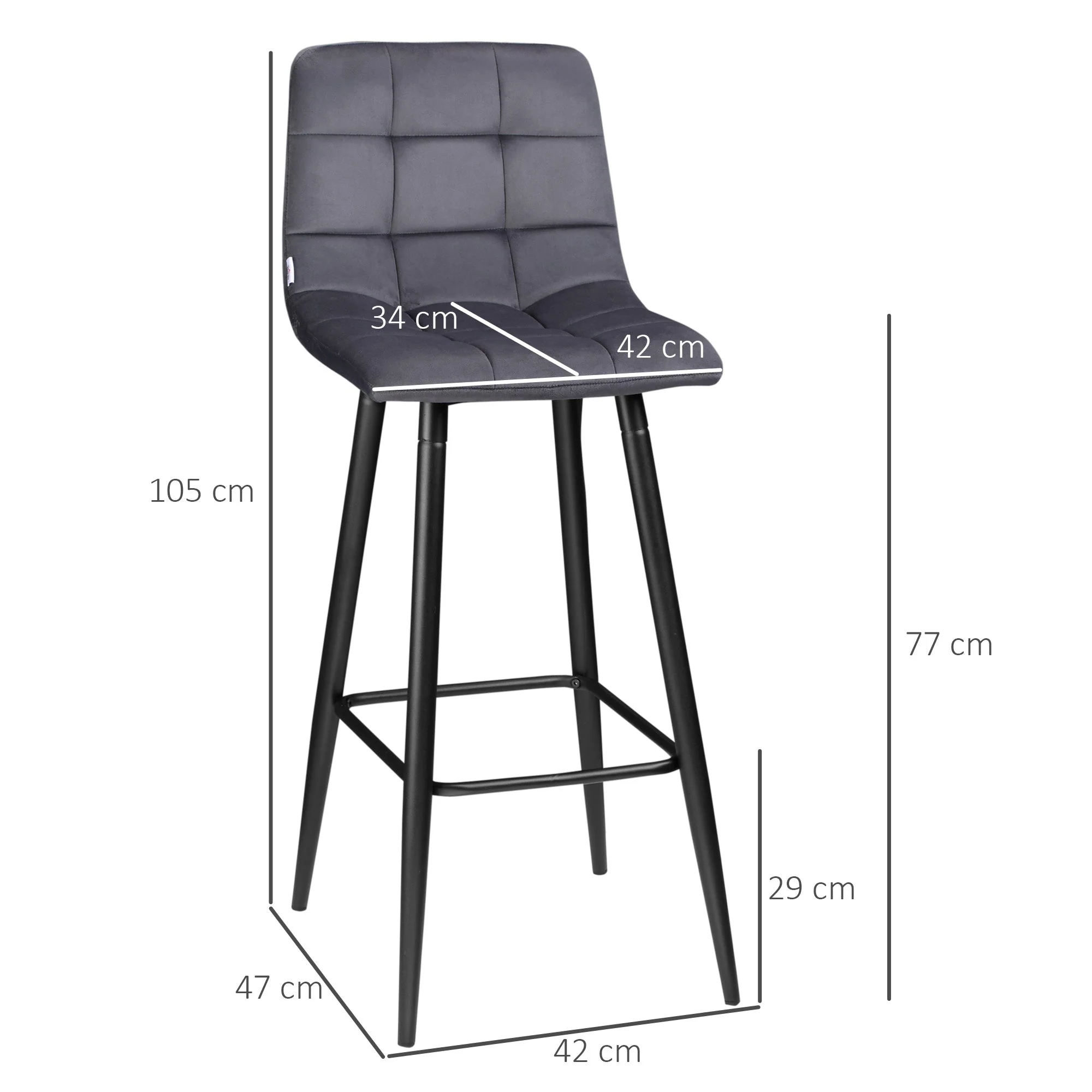 Bar Stools Set of 2 Modern Design Velvet Upholstery Steel Legs, Grey - Image 3