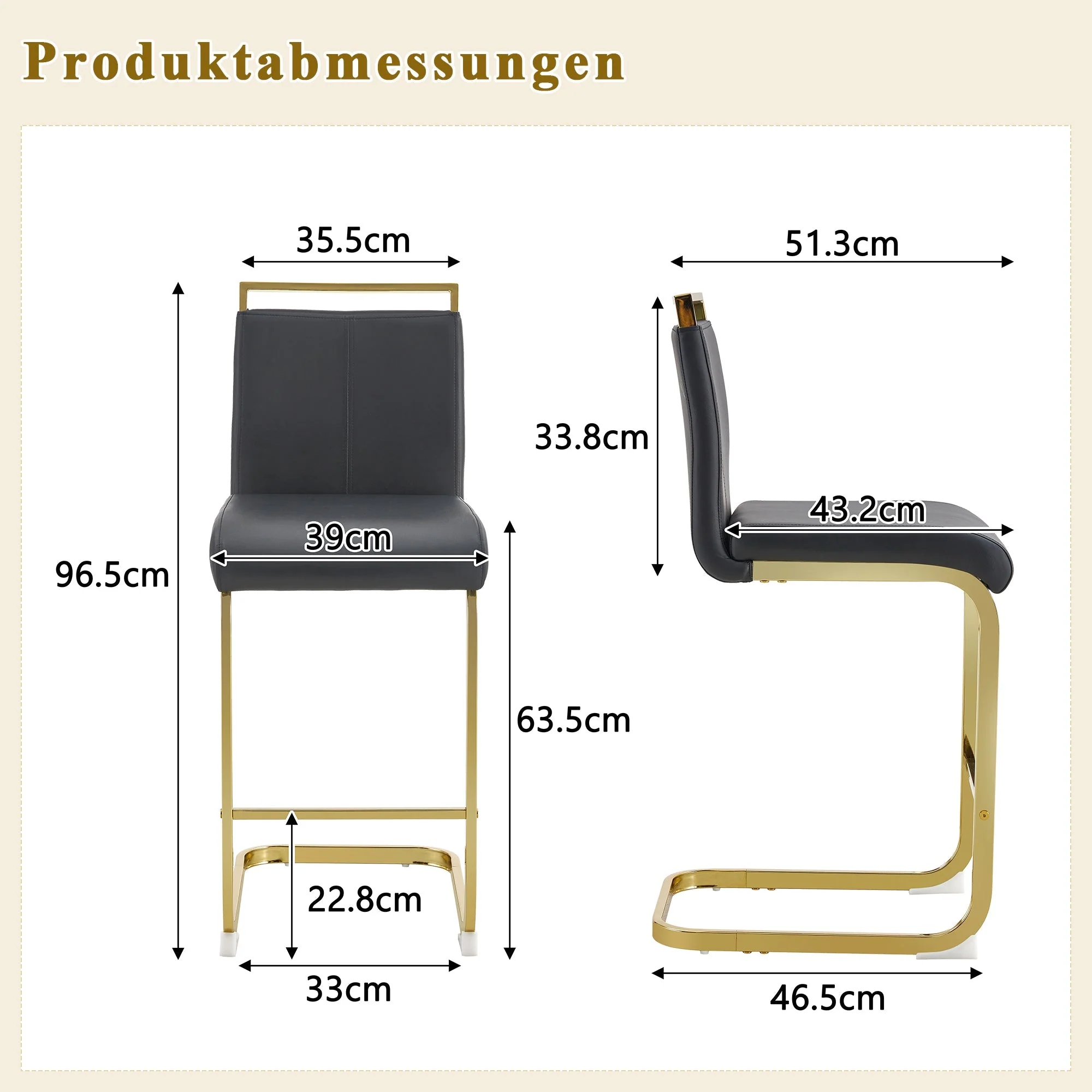 Bar Stools Set of 2 Nordic Style Gold Metal Legs - Black Faux Leather - Image 4
