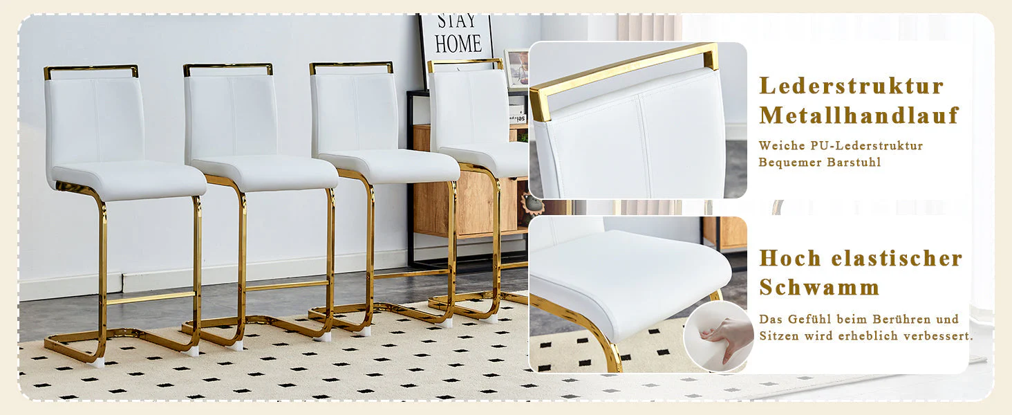 Bar Stools Set of 2 Nordic Style Gold Metal Legs - White Faux Leather - Image 10