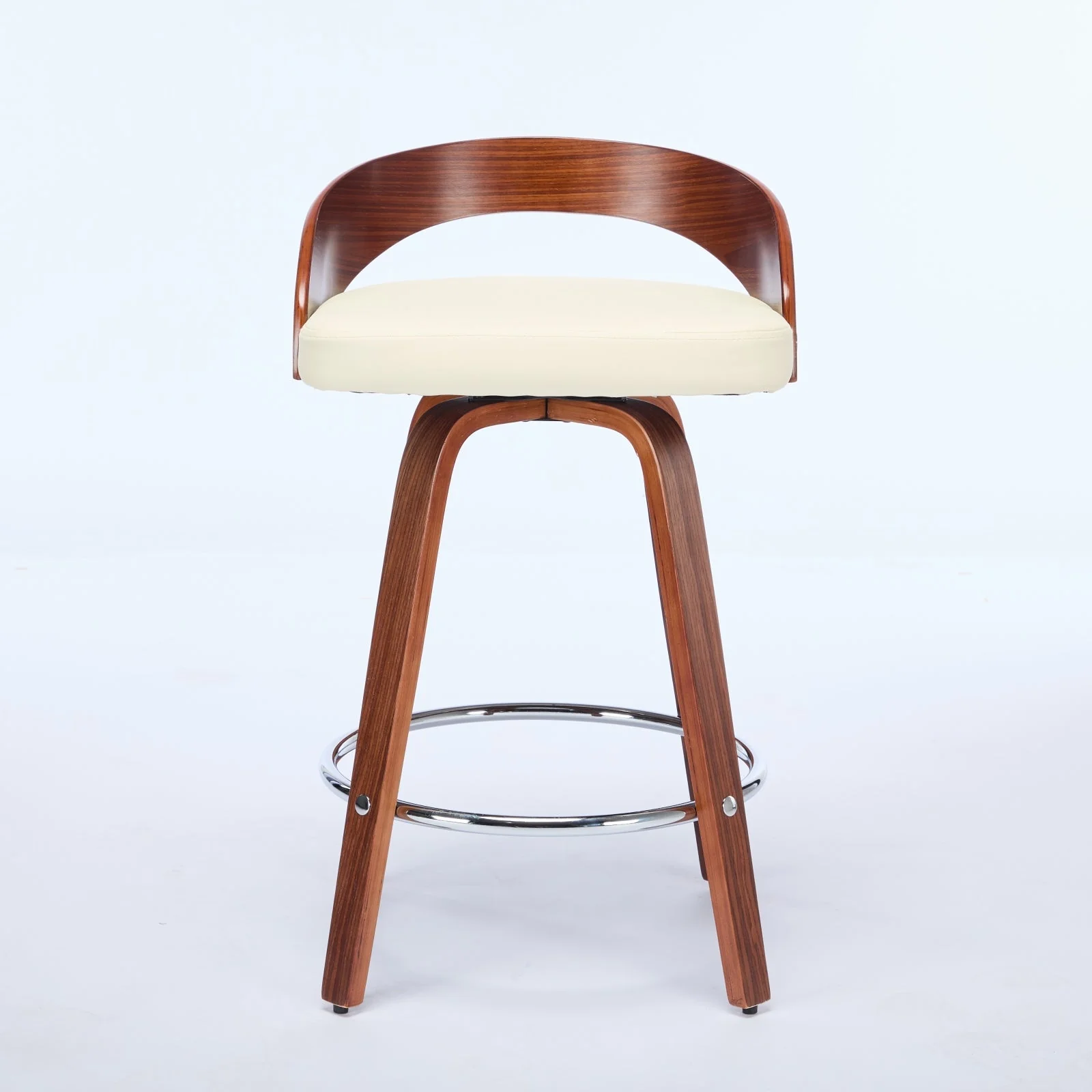 Bar Stools Set of 2, Swivel 63CM Counter Height Chairs with Low Back and Wood Legs, Beige Wood and Faux Leather - Image 2