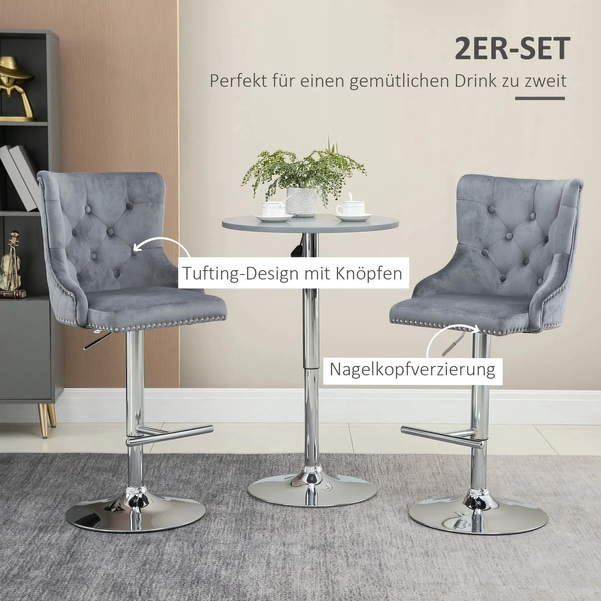 Bar Stools, Set of 2 Swivel Height-Adjustable with Footrest, Light Grey Velvet Look - Image 4