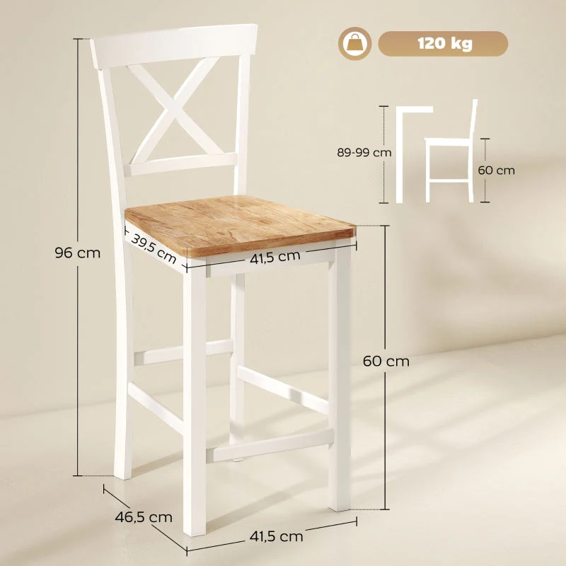 Bar Stools, Set of 2 with Backrest and Footrest, Rubberwood, Oak+White - Image 3
