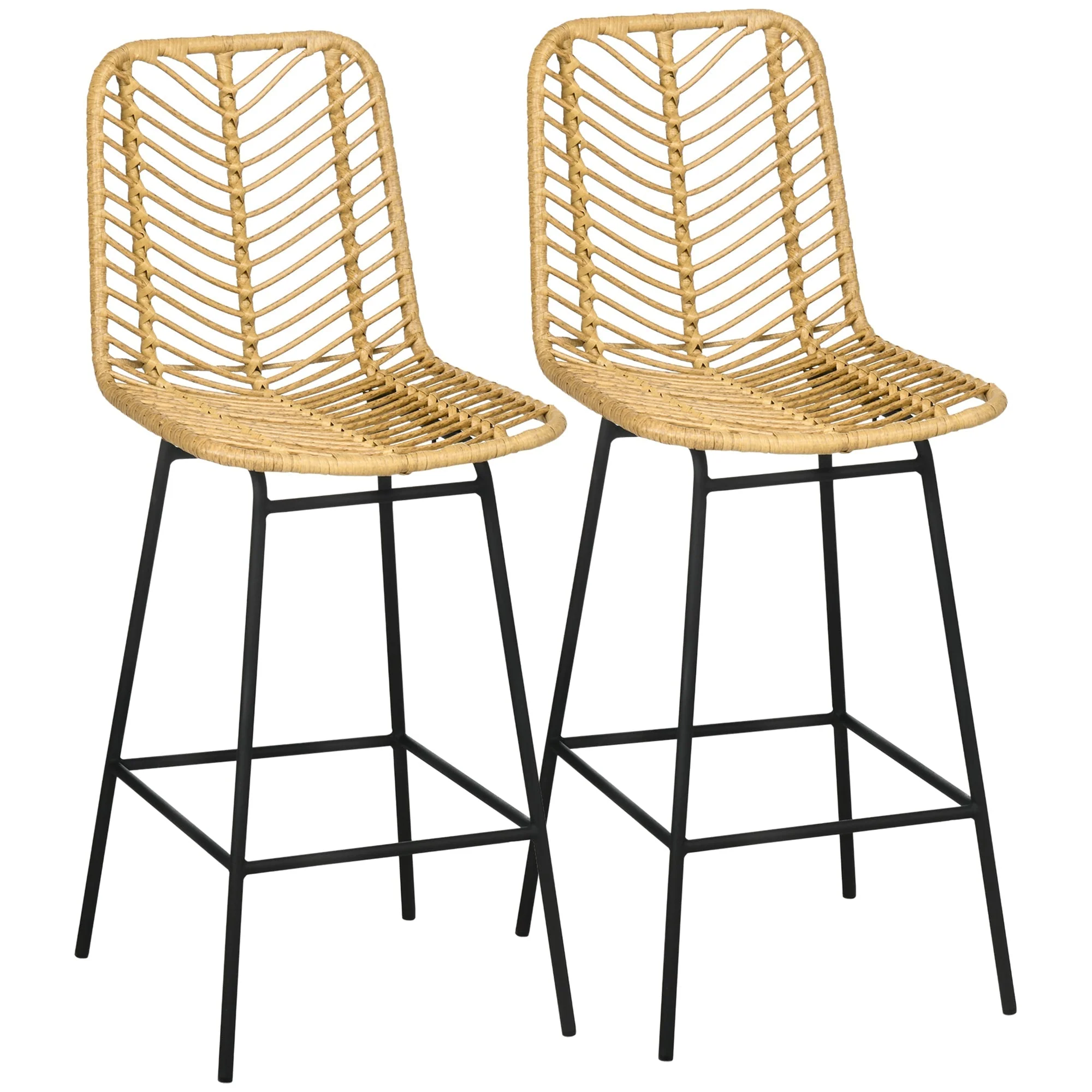 Bar Stools, Set of 2 with Backrest, Boho Design, PE Rattan, Yellow + Black - Image 2