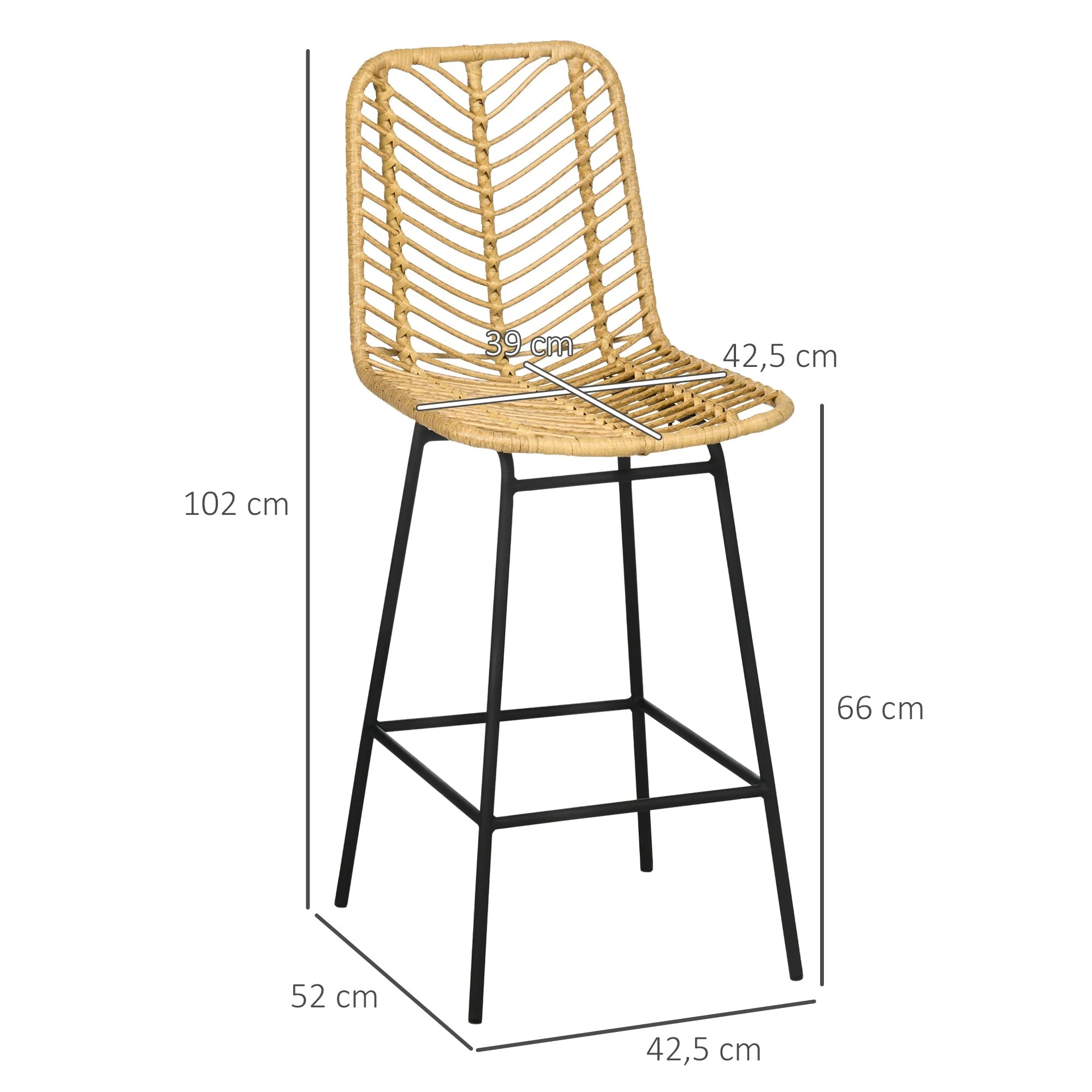 Bar Stools, Set of 2 with Backrest, Boho Design, PE Rattan, Yellow + Black - Image 3