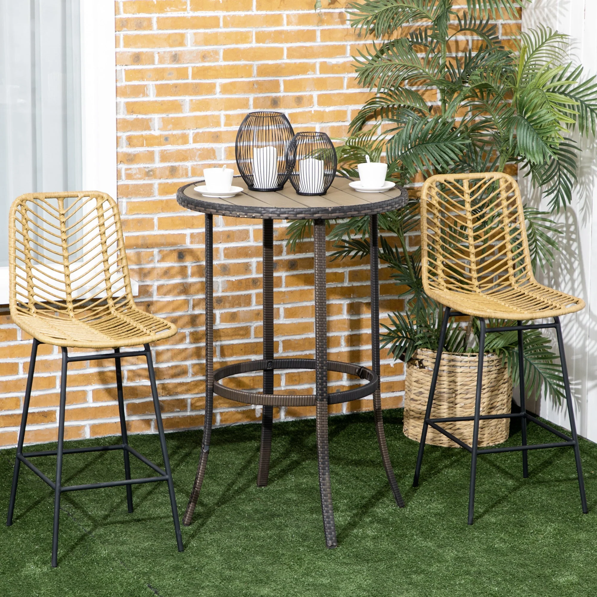 Bar Stools, Set of 2 with Backrest, Boho Design, PE Rattan, Yellow + Black - Image 6