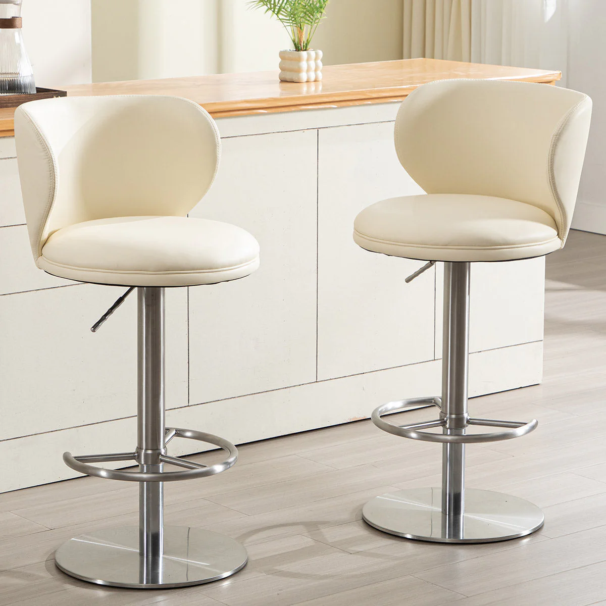 Bar Stools Swivel Adjustable Height Backrest Black Leather and Steel - Image 8