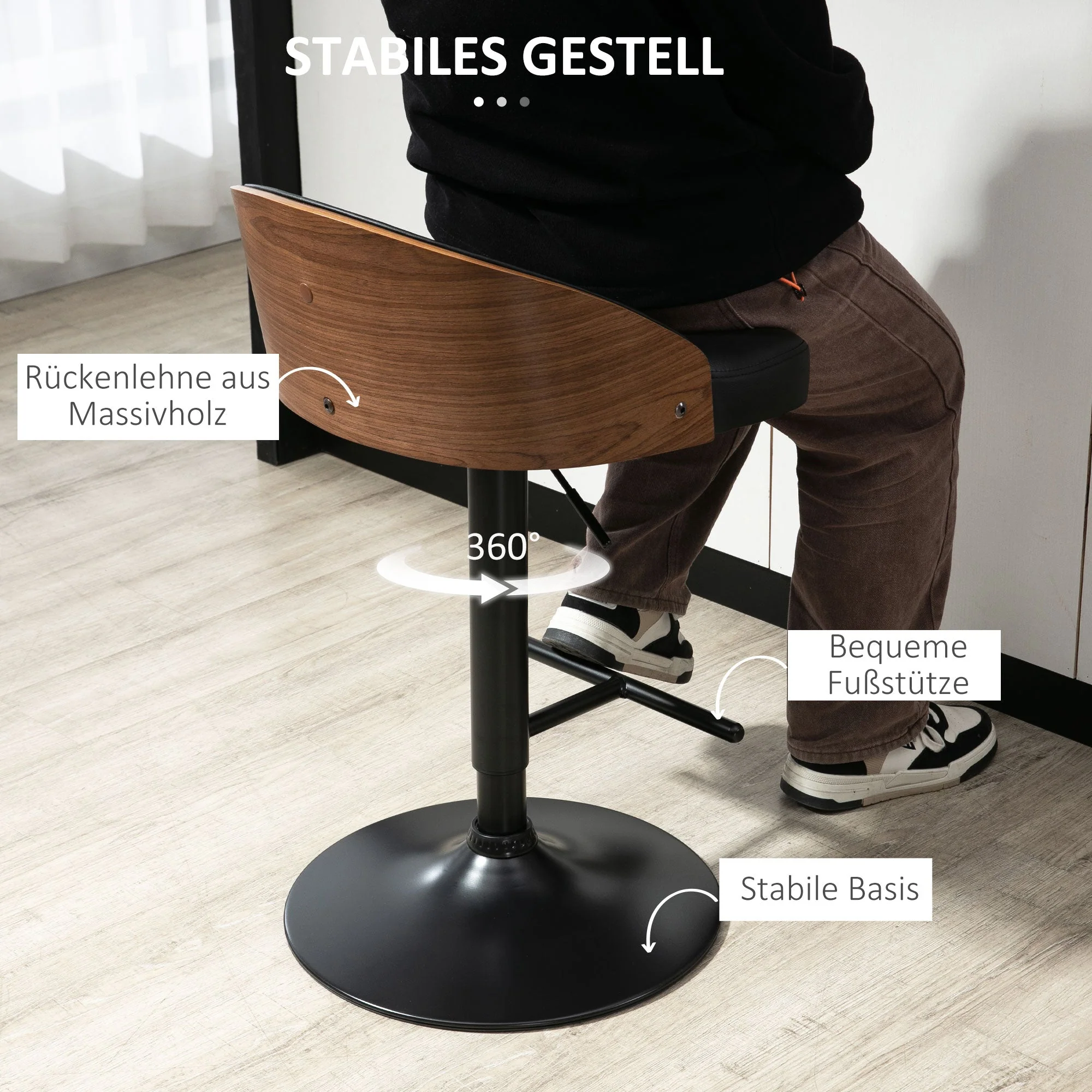 Bar Stools, Swivel Height-Adjustable with Footrest, Faux Leather Wood - Image 5