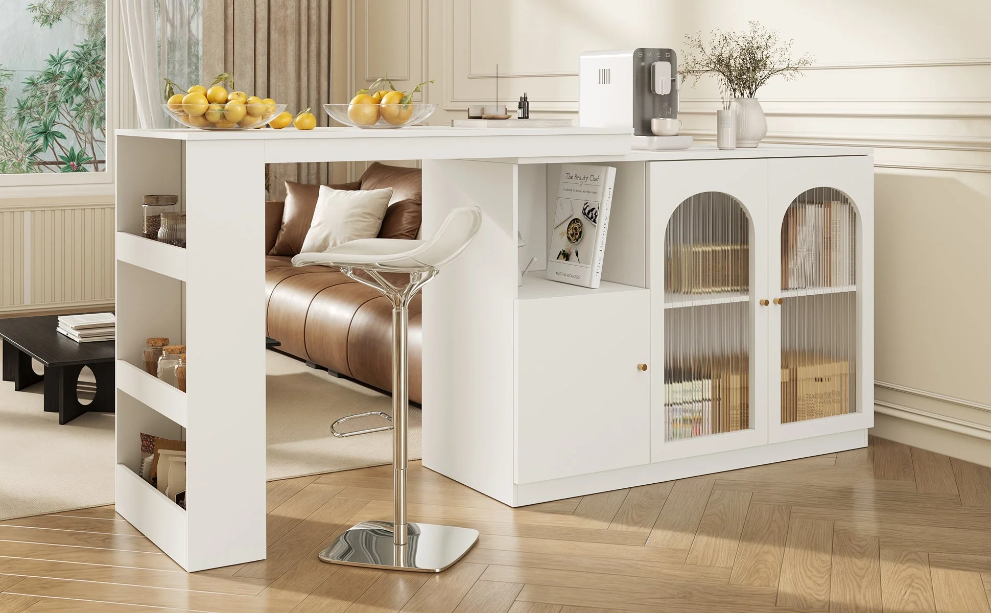Bar Table, 360° Rotating Dining & Storage Cabinet with Glass Door, White - Image 5