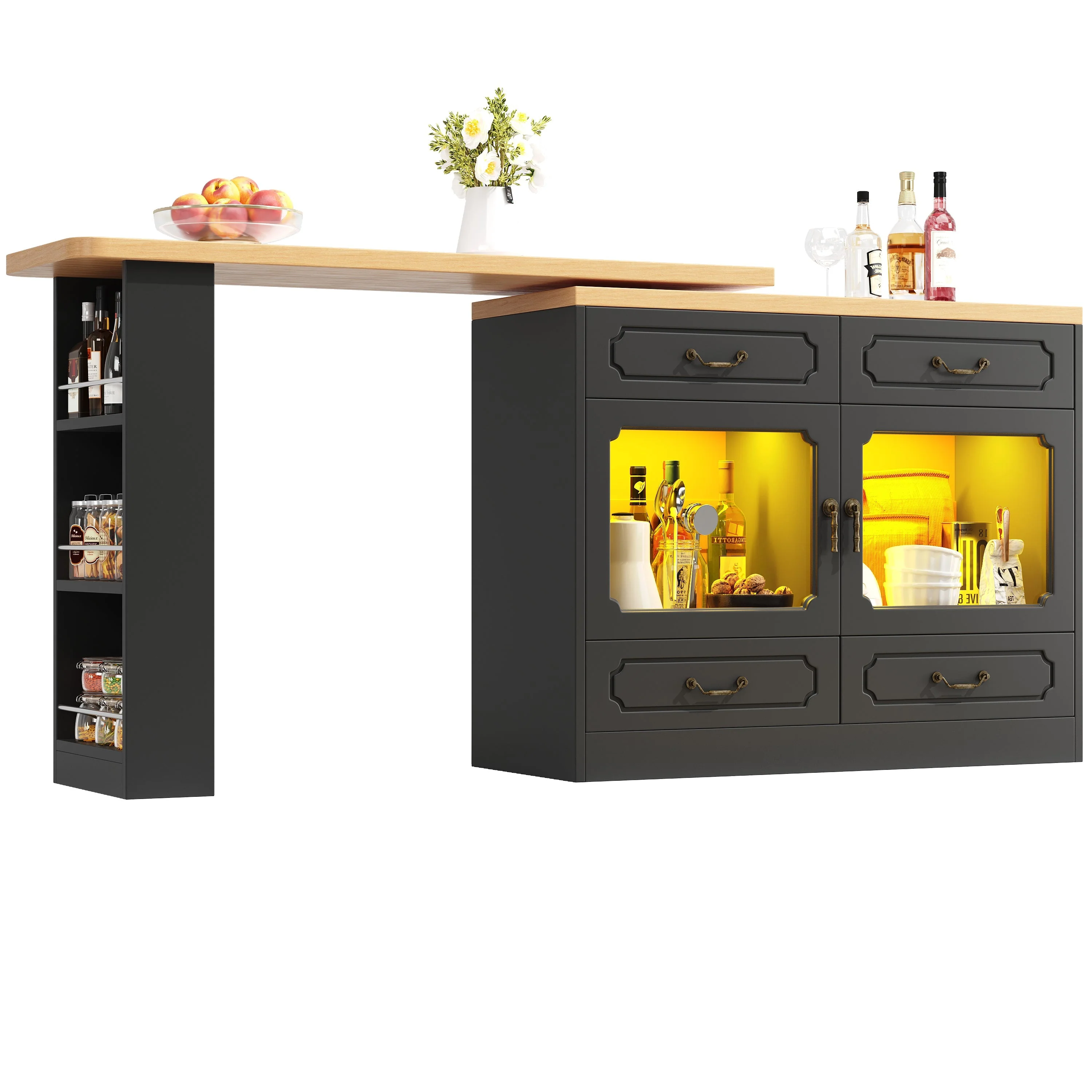 Bar Table 360° Rotation Dining with Storage and Drawers, Black - Image 8