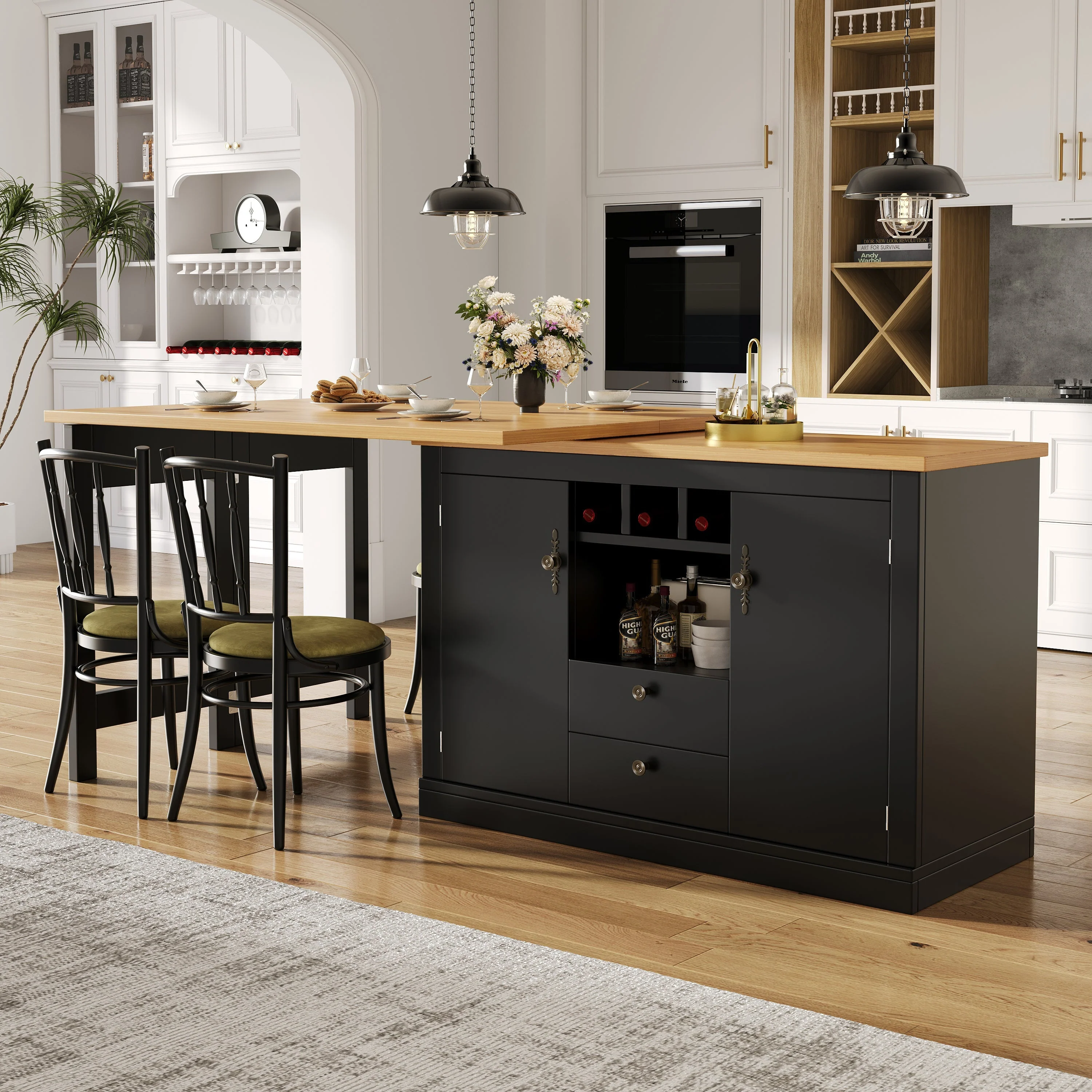 Bar Table 360° Rotation with Storage and Wine Rack, Wood - Image 3