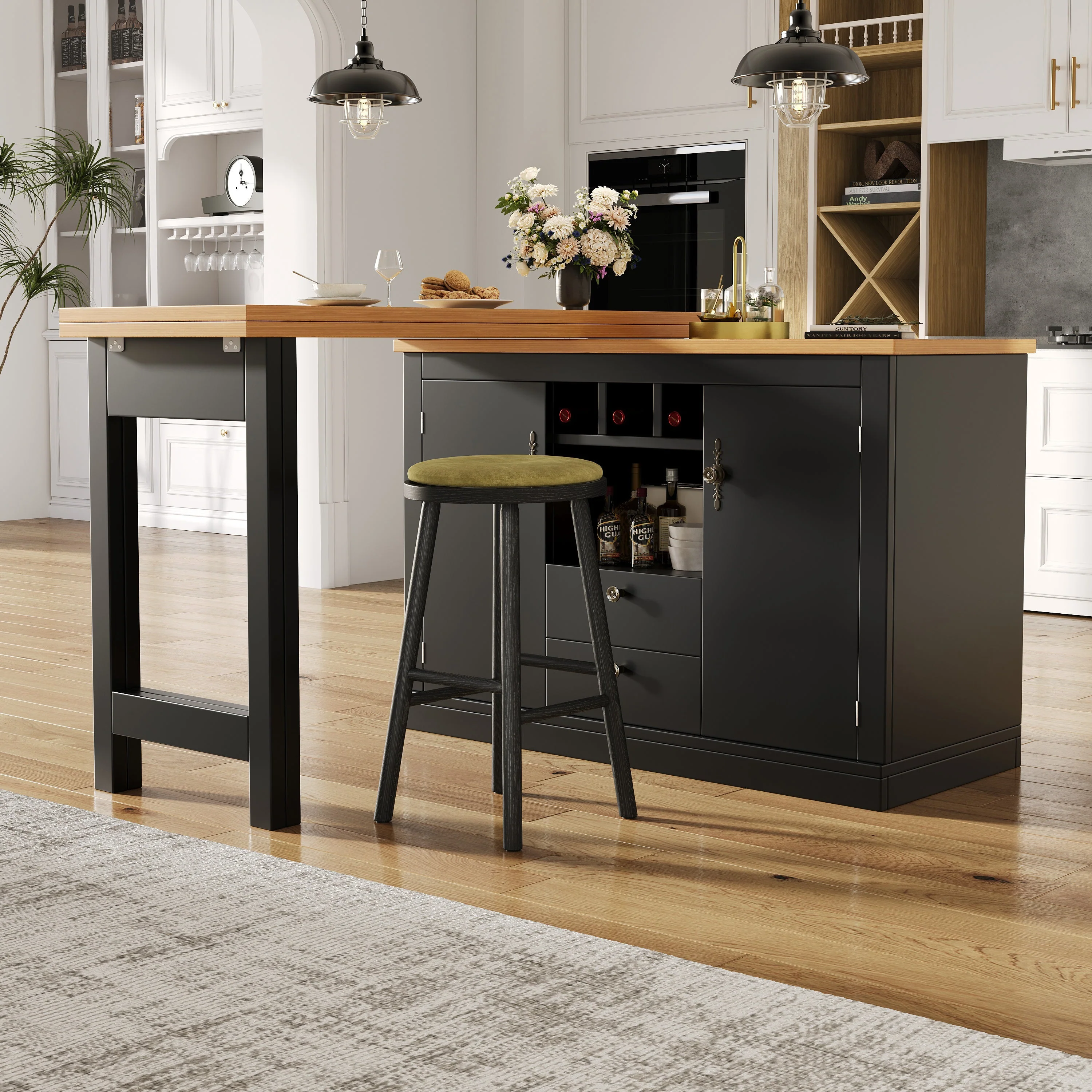 Bar Table 360° Rotation with Storage and Wine Rack, Wood - Image 6