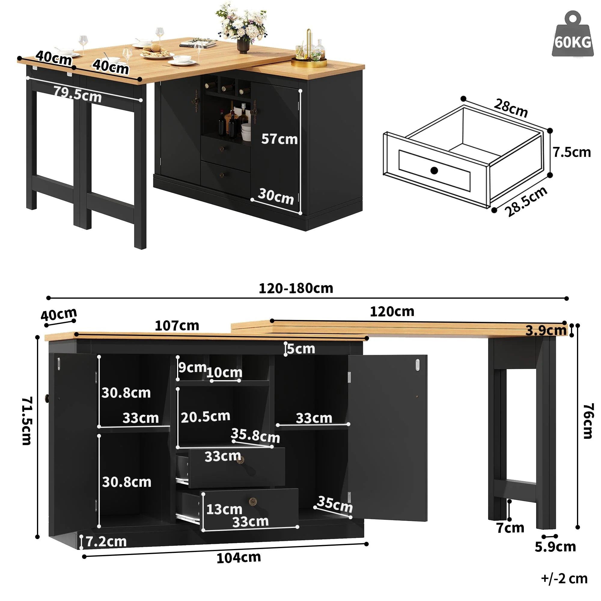 Bar Table 360° Rotation with Storage and Wine Rack, Wood - Image 8