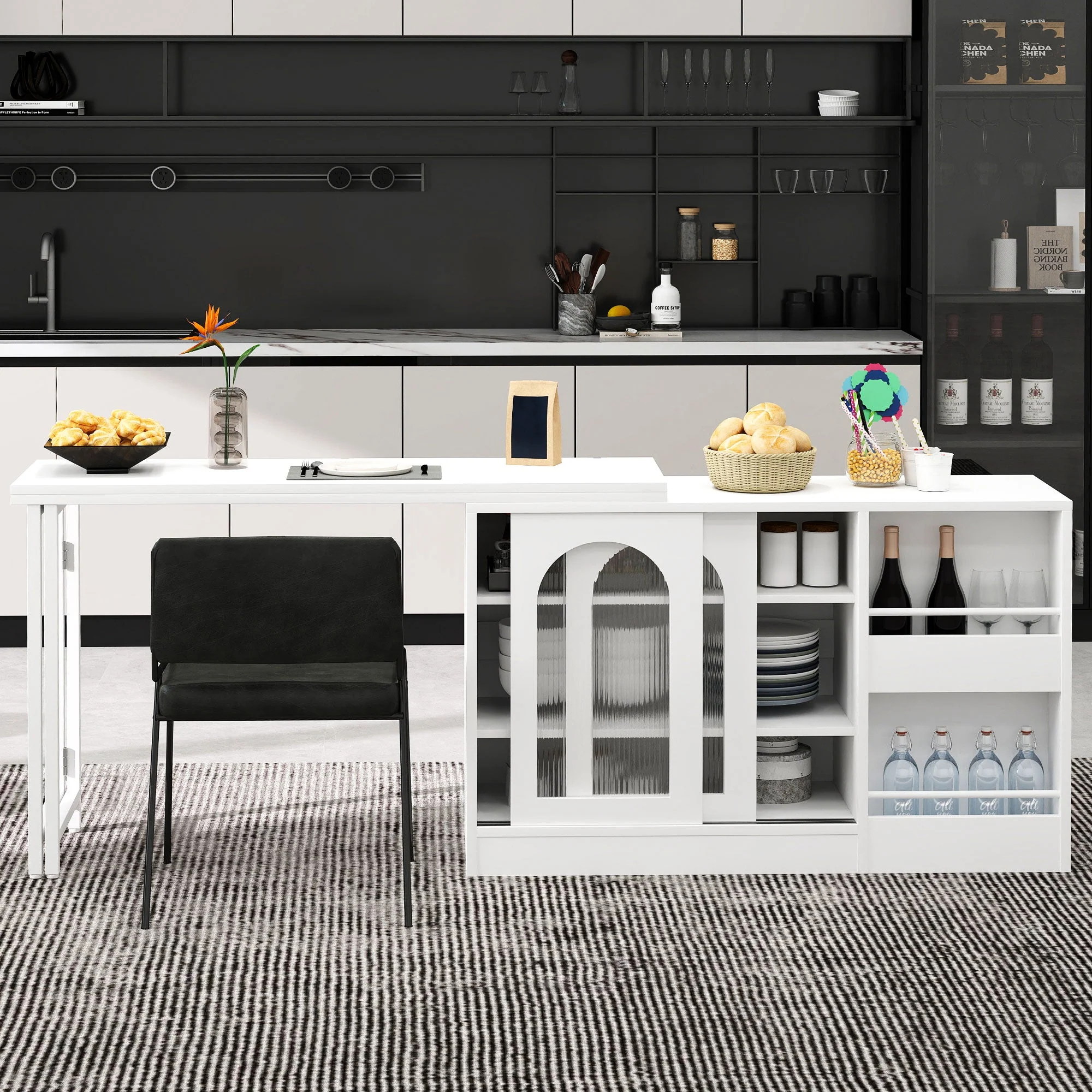 Bar Table, Extendable 360° Rotating with Storage & Glass Door, White - Image 2